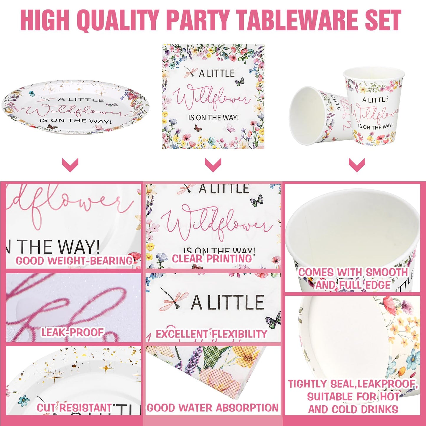 Hushee 200 Pcs Baby in Bloom Wildflower Party Supplies – Plates Cups Napkins for 50 Guests