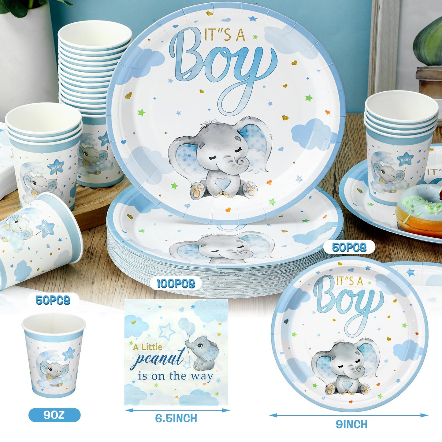 Hushee 200 Pcs Blue Elephant Baby Shower Tableware Set – Plates, Cups & Napkins