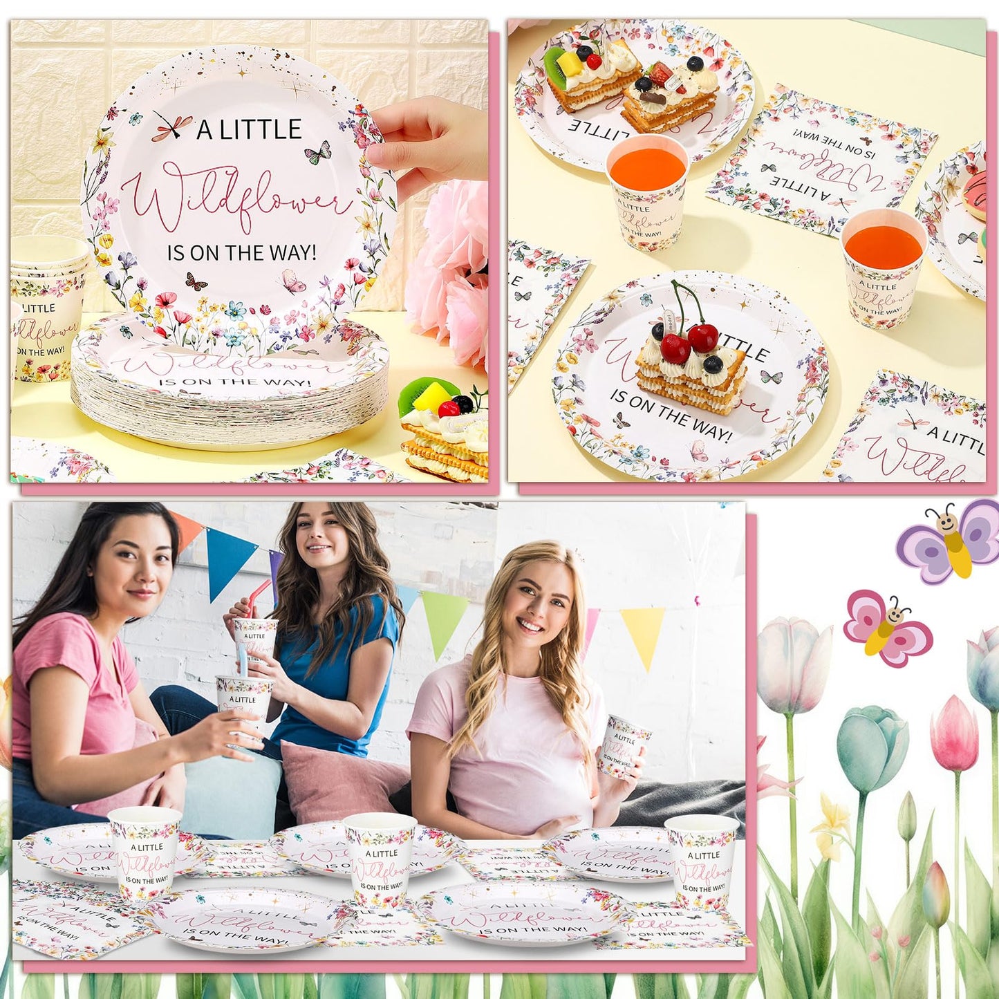 Hushee 200 Pcs Baby in Bloom Wildflower Party Supplies – Plates Cups Napkins for 50 Guests