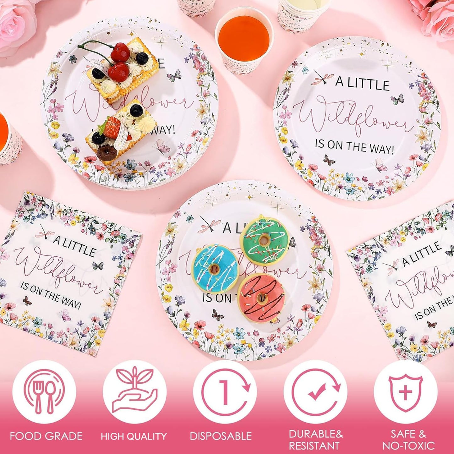 Hushee 200 Pcs Baby in Bloom Wildflower Party Supplies – Plates Cups Napkins for 50 Guests