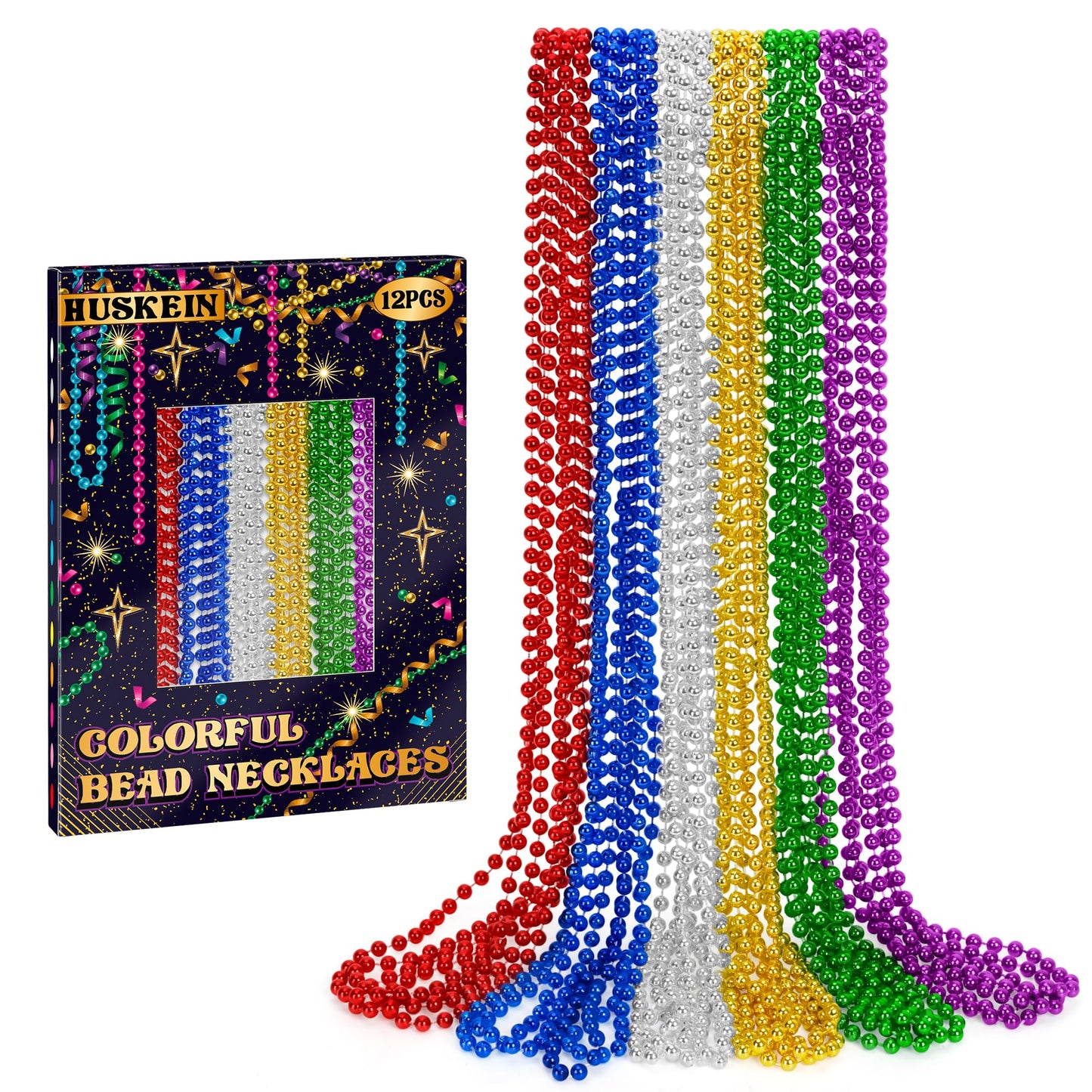 Huskein 12 PCS Mardi Gras Beads Necklaces – 33-inch 6-Color Beaded Set for Parades and Parties