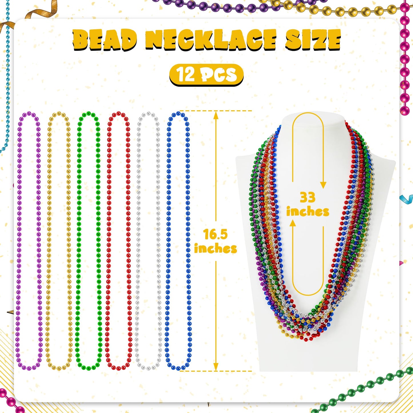 Huskein 12 PCS Mardi Gras Beads Necklaces – 33-inch 6-Color Beaded Set for Parades and Parties
