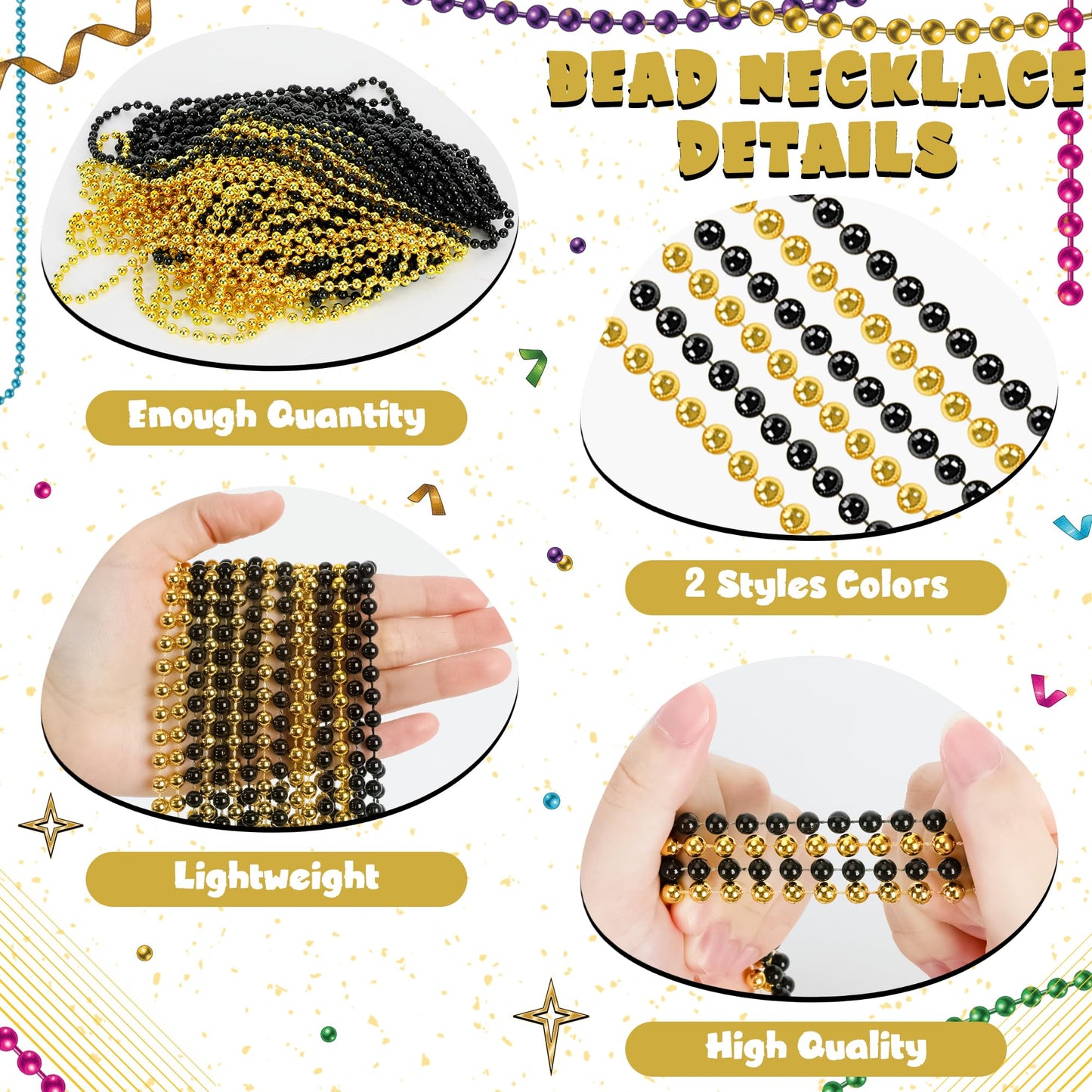 Huskein Mardi Gras Beads 24-Piece - Black Gold 33-Inch Beaded Necklaces (Bundle)