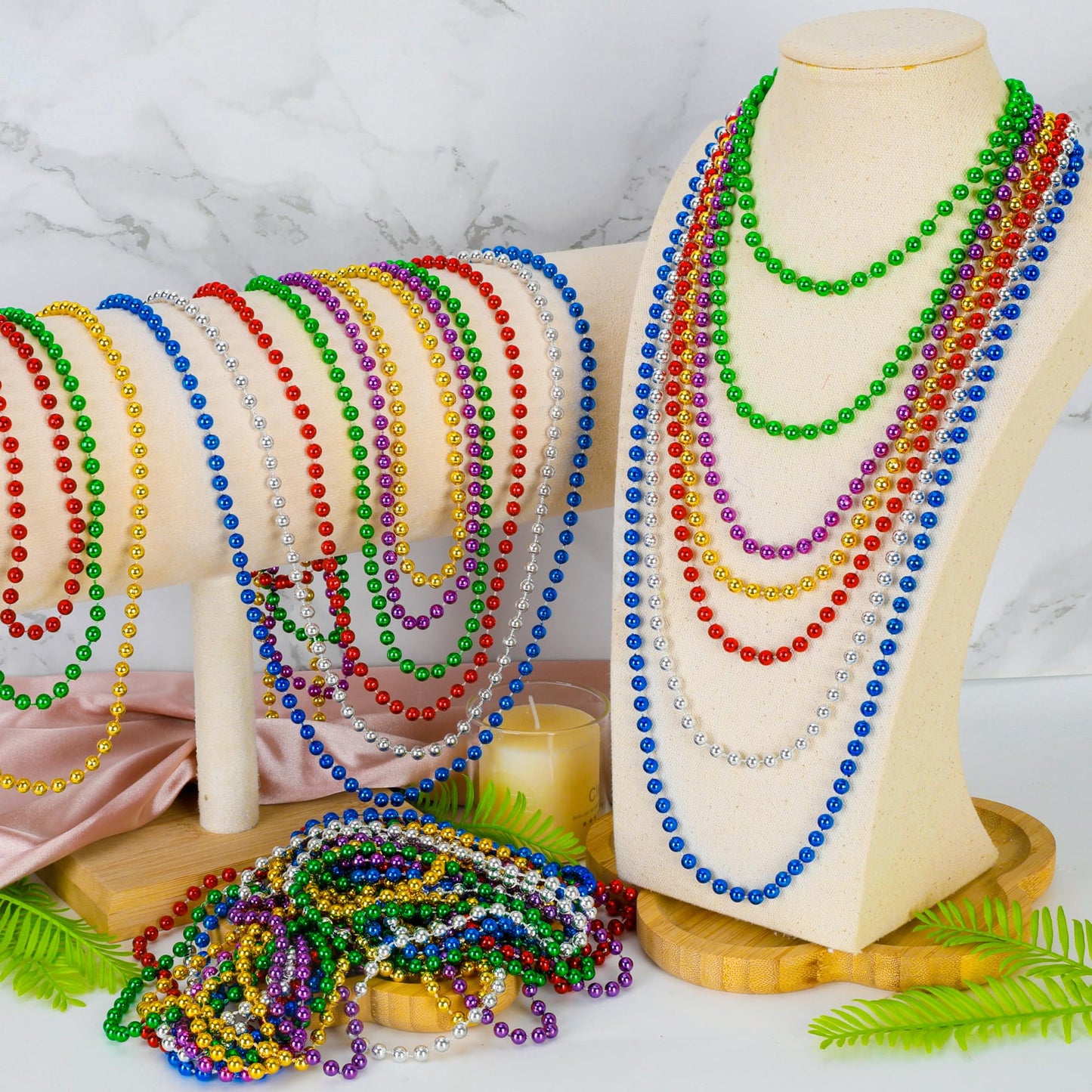 Huskein 12 PCS Mardi Gras Beads Necklaces – 33-inch 6-Color Beaded Set for Parades and Parties