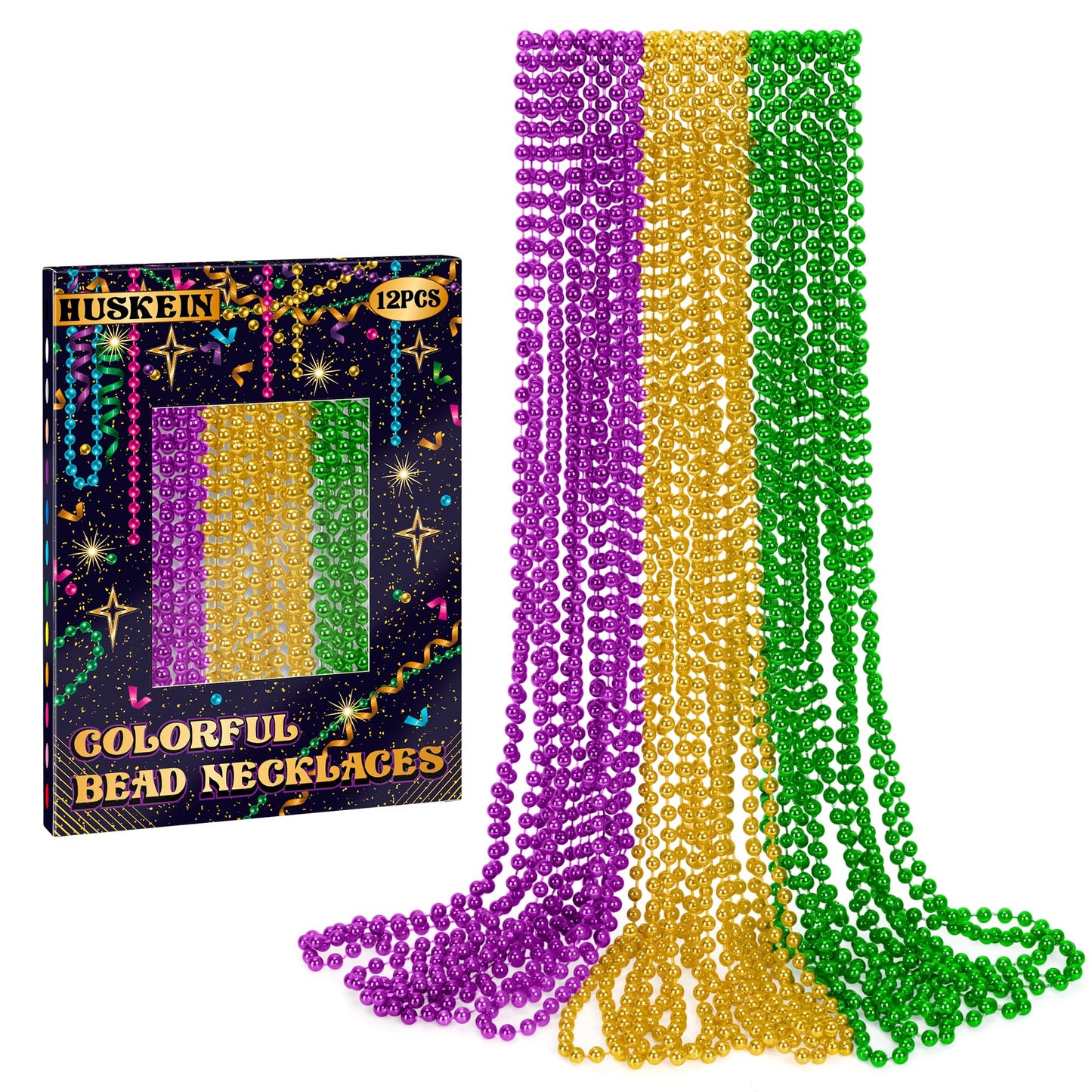 Huskein 12-Pack Mardi Gras Beads Necklaces – 33-inch Purple Green Gold Carnival Accessories