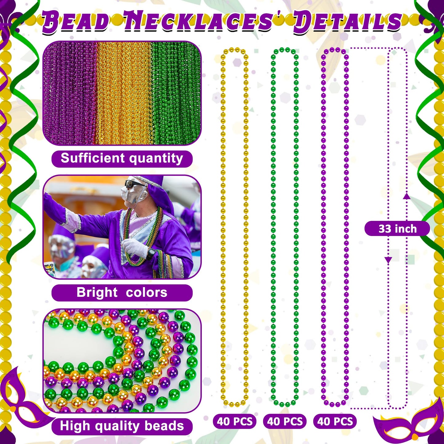 Huskein 120PCS Mardi Gras Beads – 33\" Beaded Necklaces in Purple Gold Green