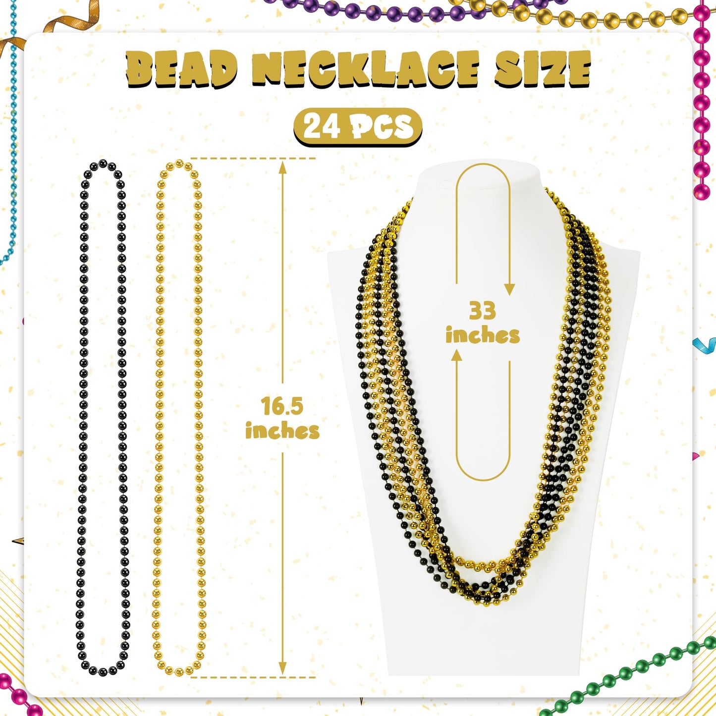 Huskein Mardi Gras Beads 24-Piece - Black Gold 33-Inch Beaded Necklaces (Bundle)