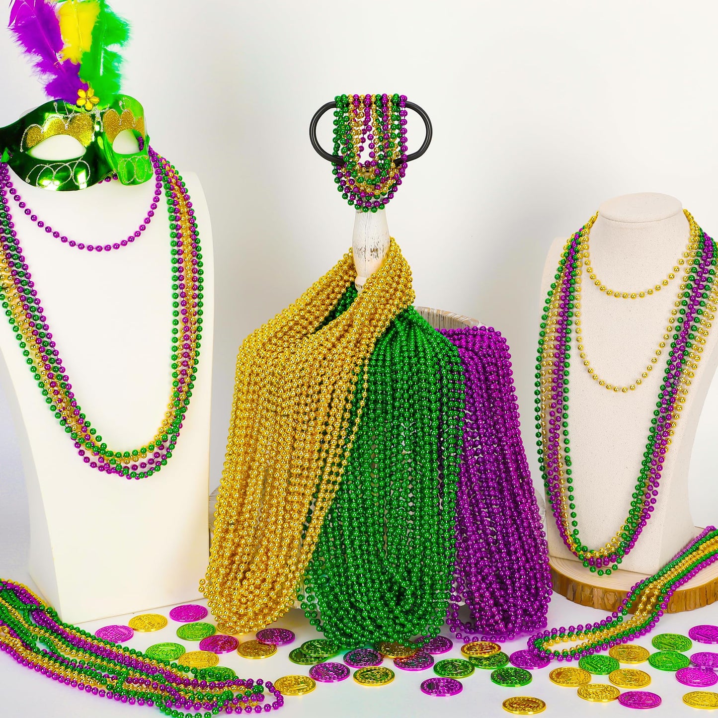 Huskein 120PCS Mardi Gras Beads – 33\" Beaded Necklaces in Purple Gold Green