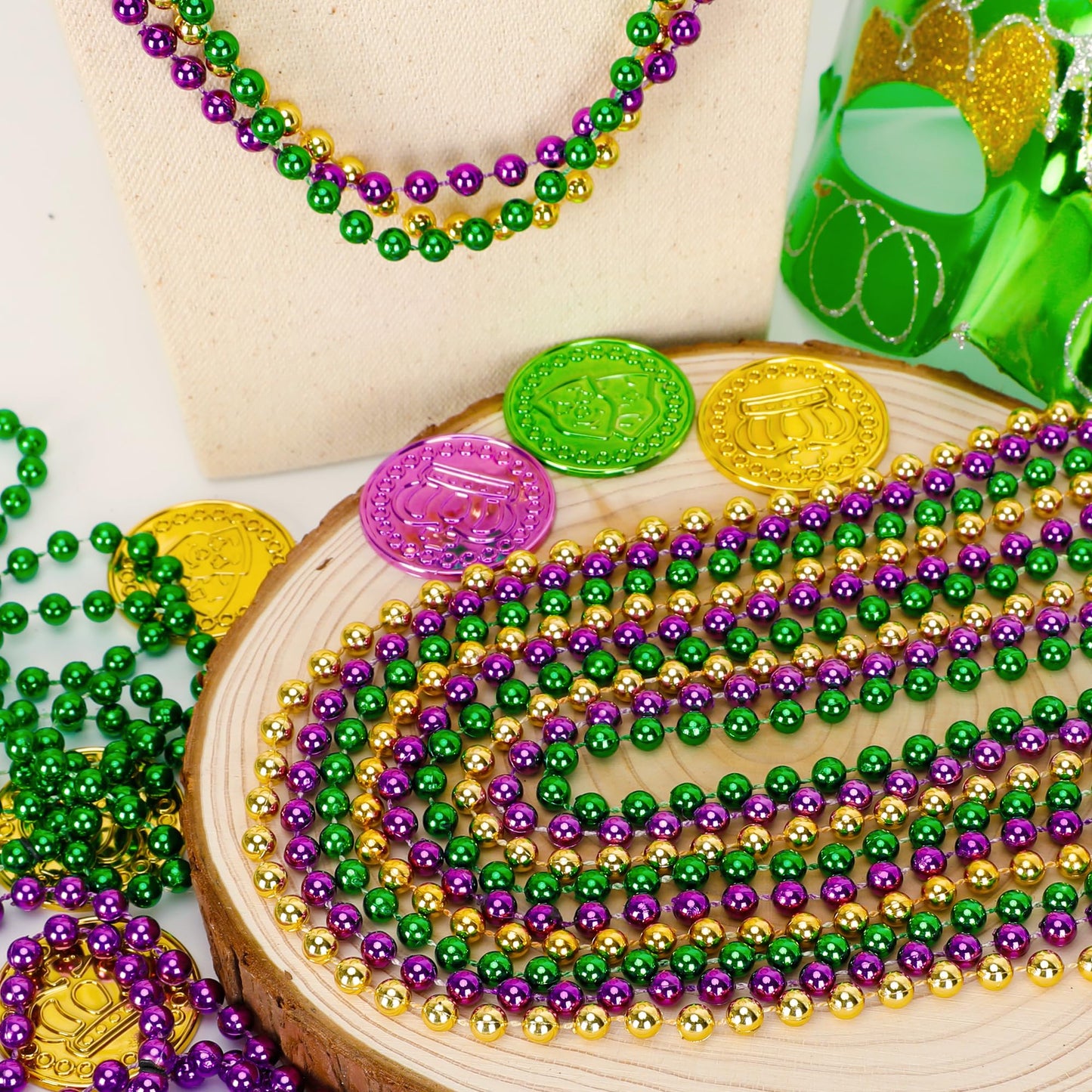 Huskein 120PCS Mardi Gras Beads – 33\" Beaded Necklaces in Purple Gold Green