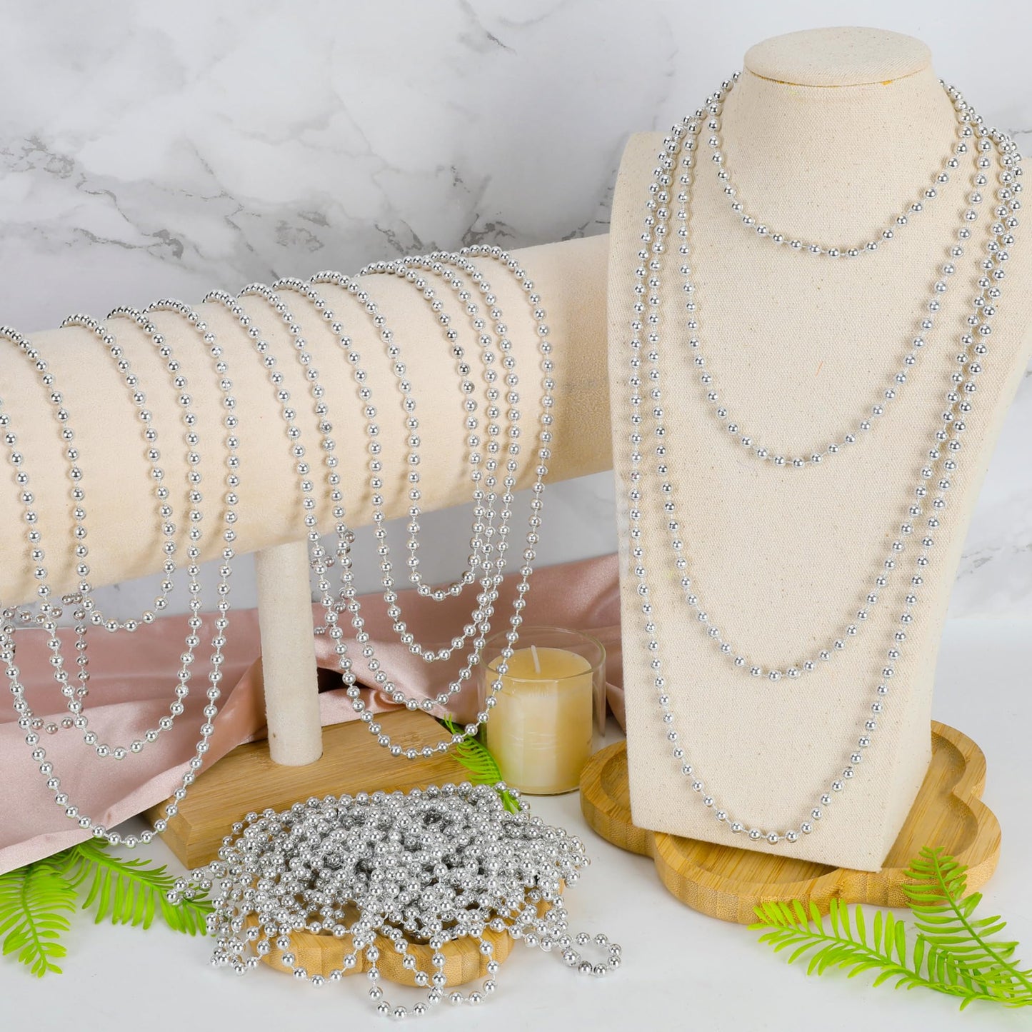 Huskein 12 PCS Silver Mardi Gras Beads – 33-Inch Beaded Necklaces for Festive Parades, Christmas & Party Favors