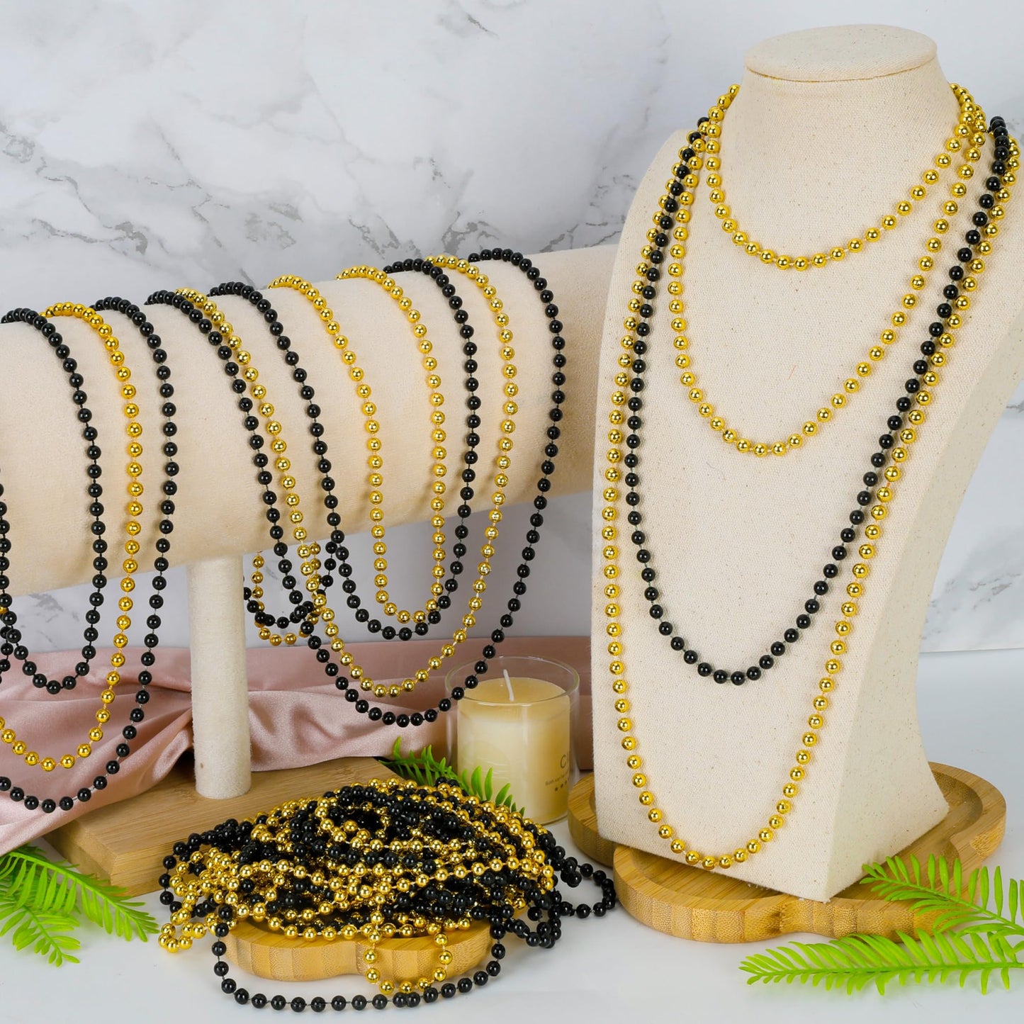 Huskein Mardi Gras Beads 24-Piece - Black Gold 33-Inch Beaded Necklaces (Bundle)
