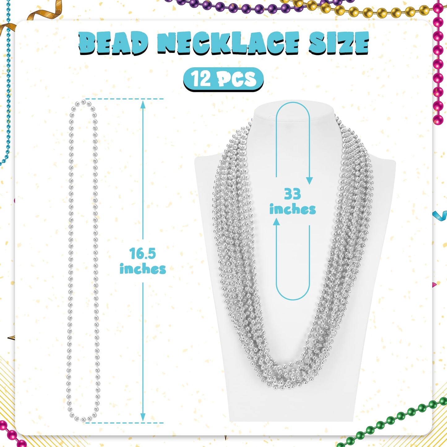 Huskein 12 PCS Silver Mardi Gras Beads – 33-Inch Beaded Necklaces for Festive Parades, Christmas & Party Favors