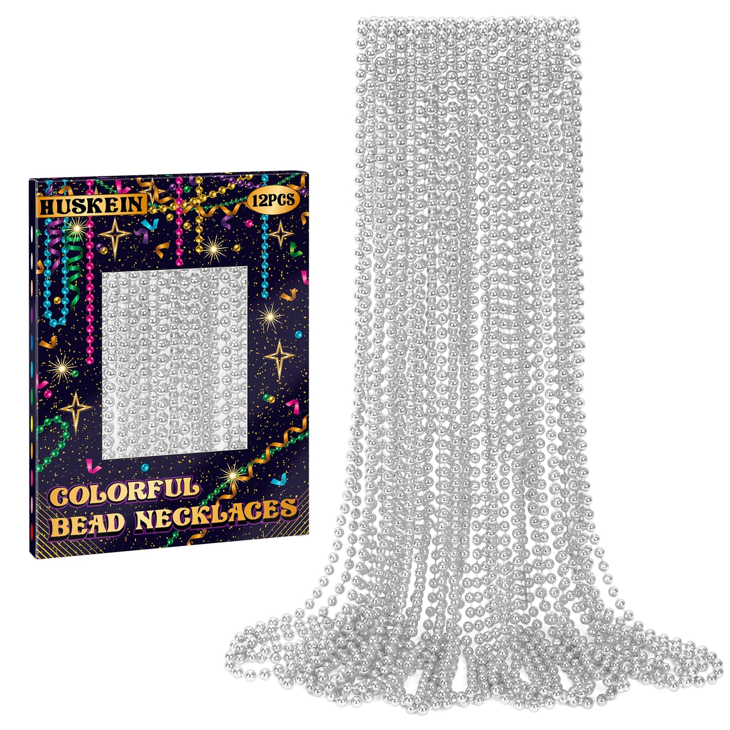 Huskein 12 PCS Silver Mardi Gras Beads – 33-Inch Beaded Necklaces for Festive Parades, Christmas & Party Favors