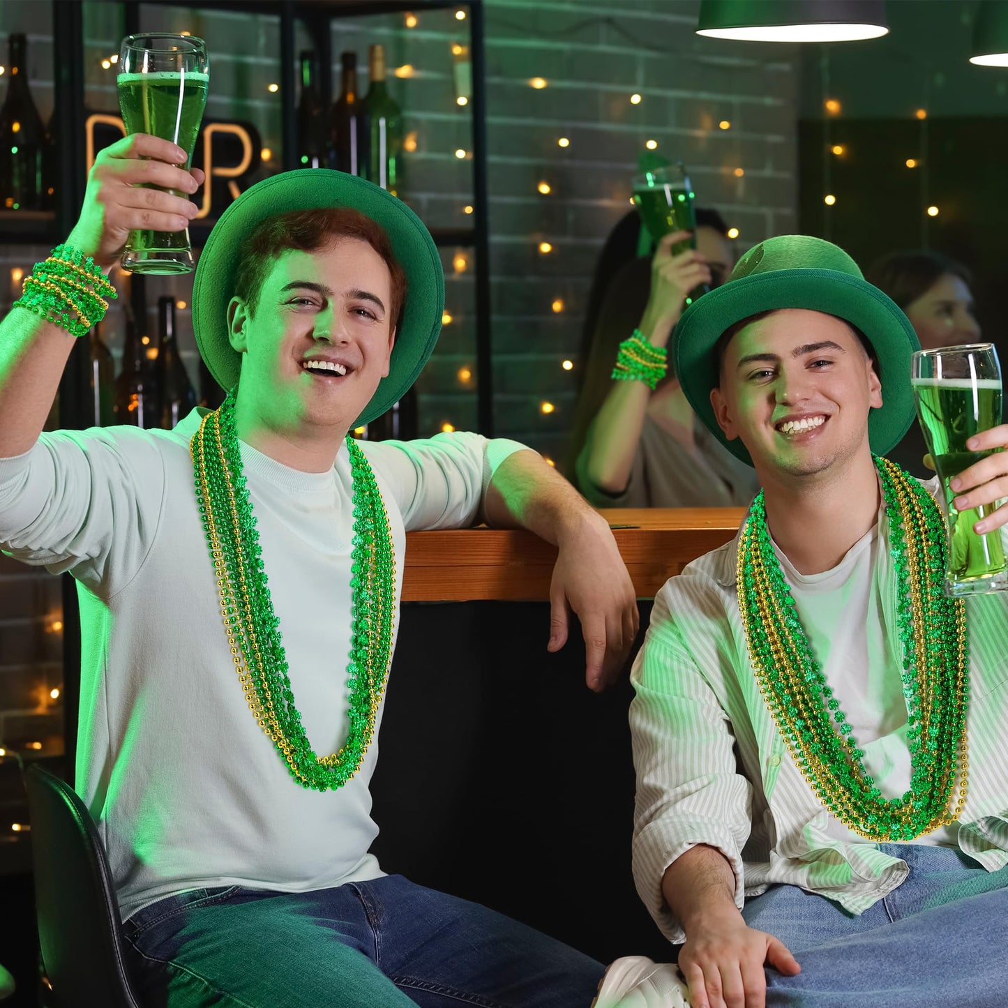 Huskein 12 PCS St Patrick's Day Necklace Set – Green & Gold Beads with Shamrocks
