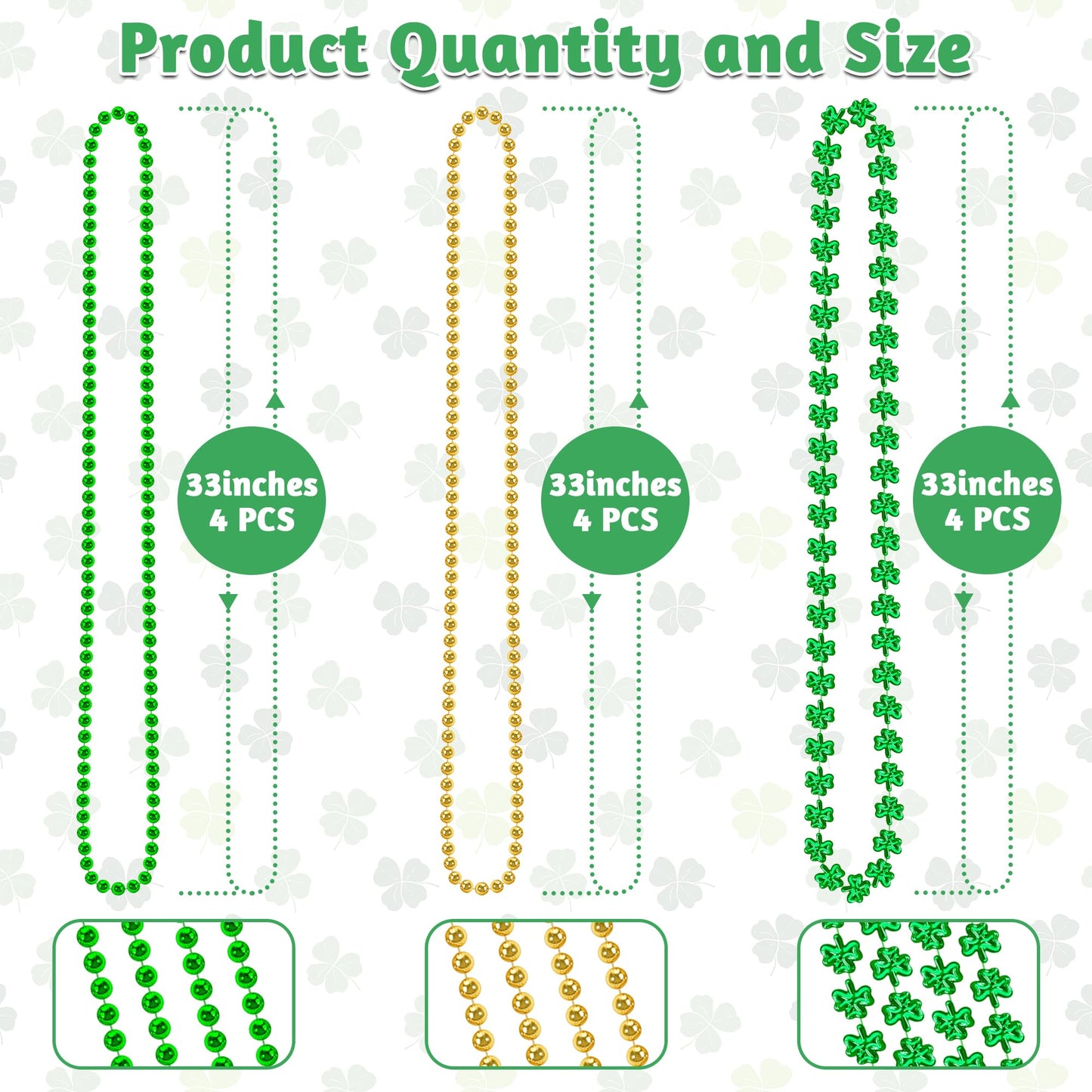 Huskein 12 PCS St Patrick's Day Necklace Set – Green & Gold Beads with Shamrocks