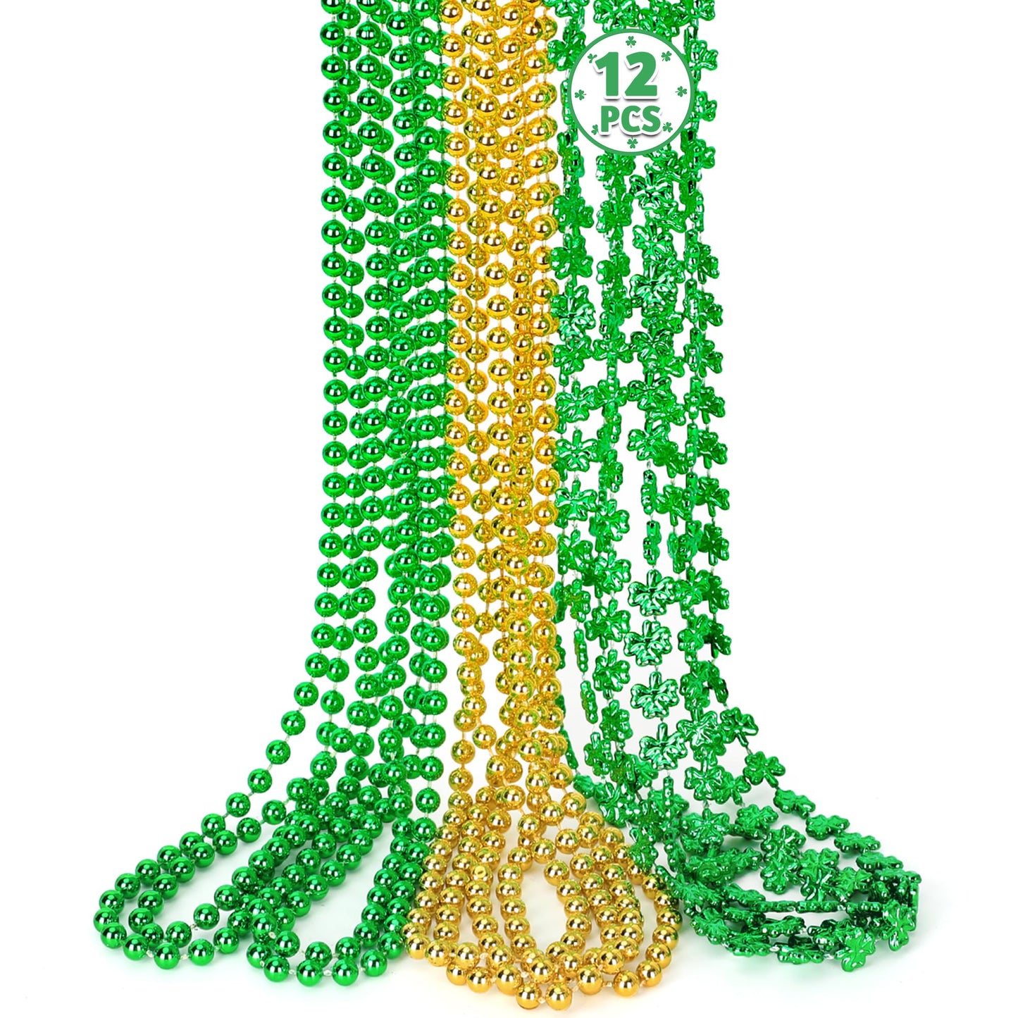 Huskein 12 PCS St Patrick's Day Necklace Set – Green & Gold Beads with Shamrocks