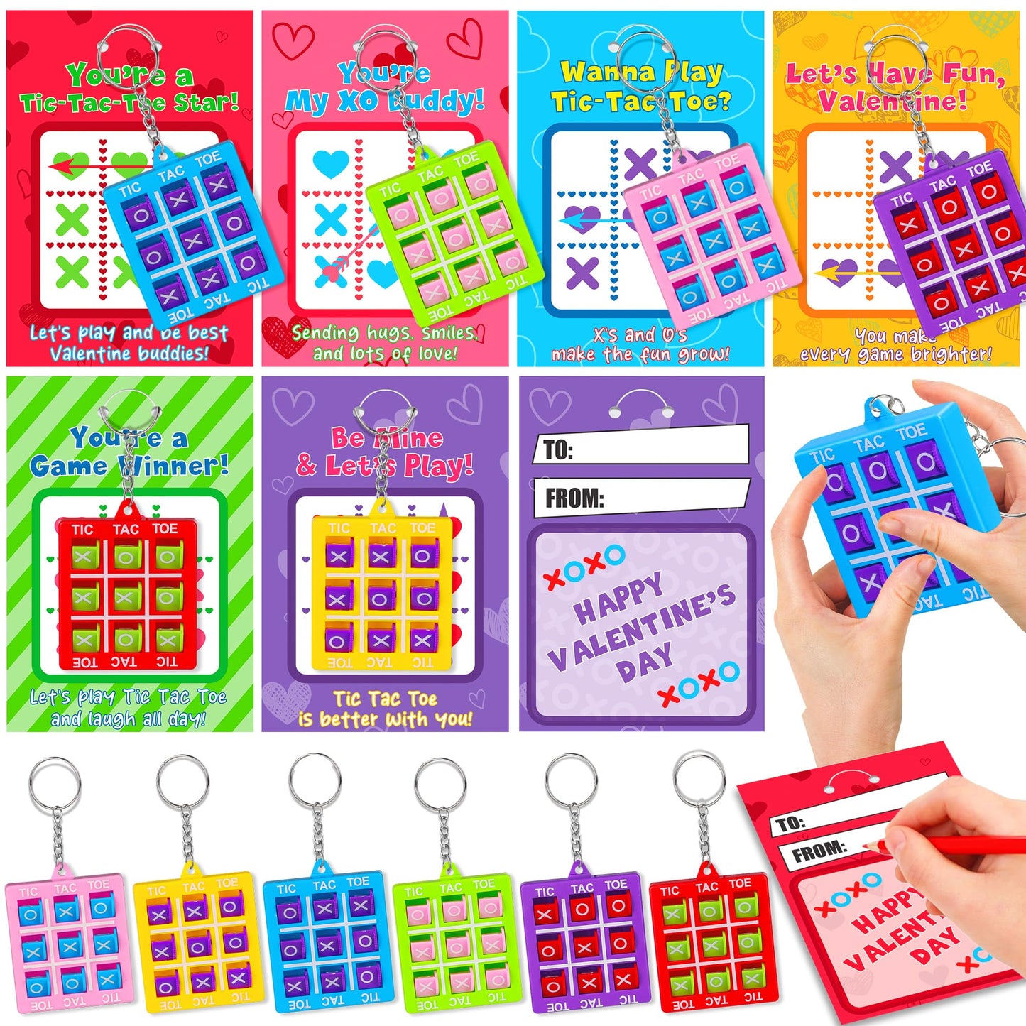 24 Pack Valentines Day Gifts for Kids – Tic Tac Toe Keychains & Cards | Huyamap