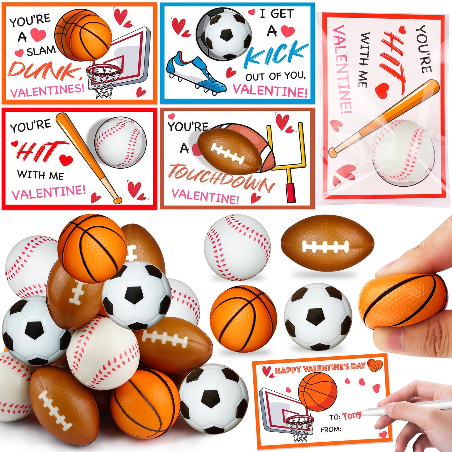 Huyamap 28-Pack Kids Valentine Cards & Sports Ball Stress Relief Toys | Classroom Gifts