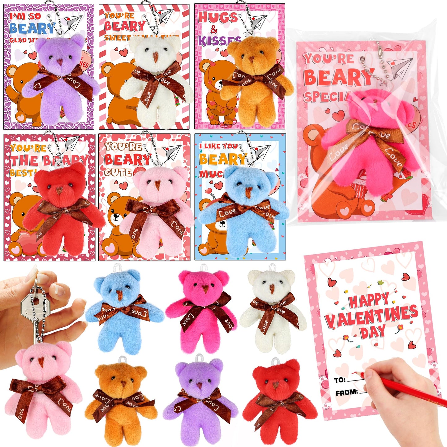 Huyamap 28-Pack Valentines Day Classroom Gifts – Bear Card & Plush Keychain Set