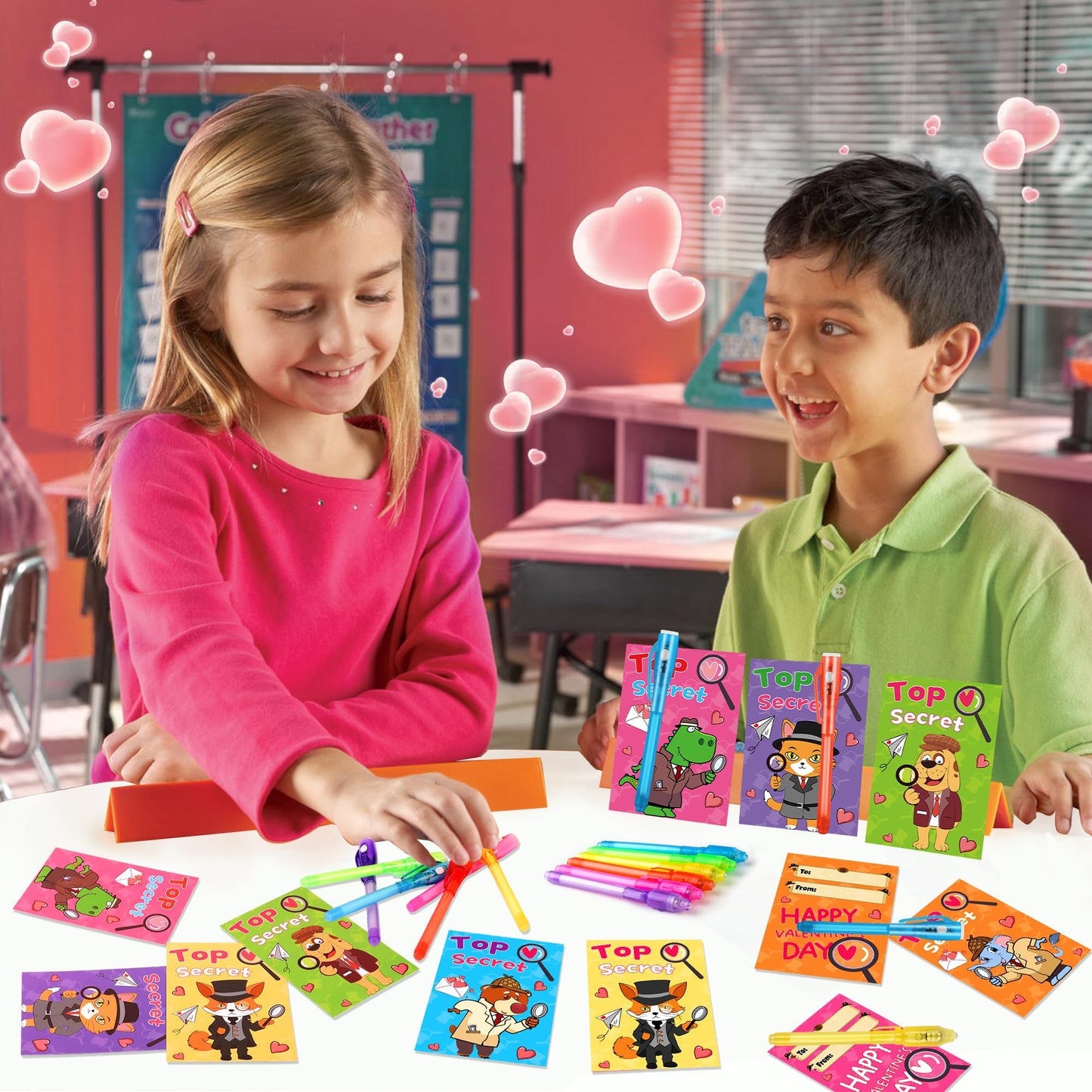 Huyamap 24-Pack Valentines Day Kids Classroom Gift Set | LED Invisible Ink Pens, Animal Detective Cards & Gift Bags