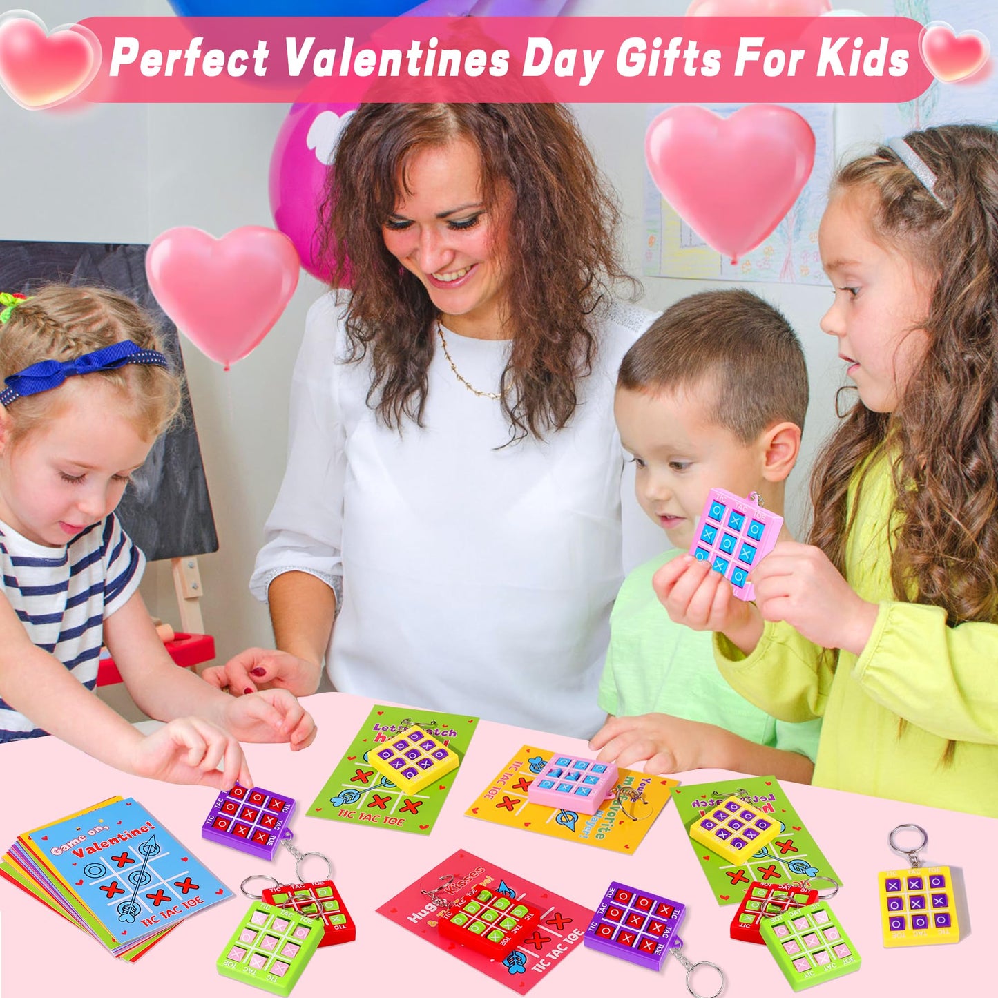 Huyamap 24-Pack Valentines Day Tic Tac Toe Keychains & Cards for Kids