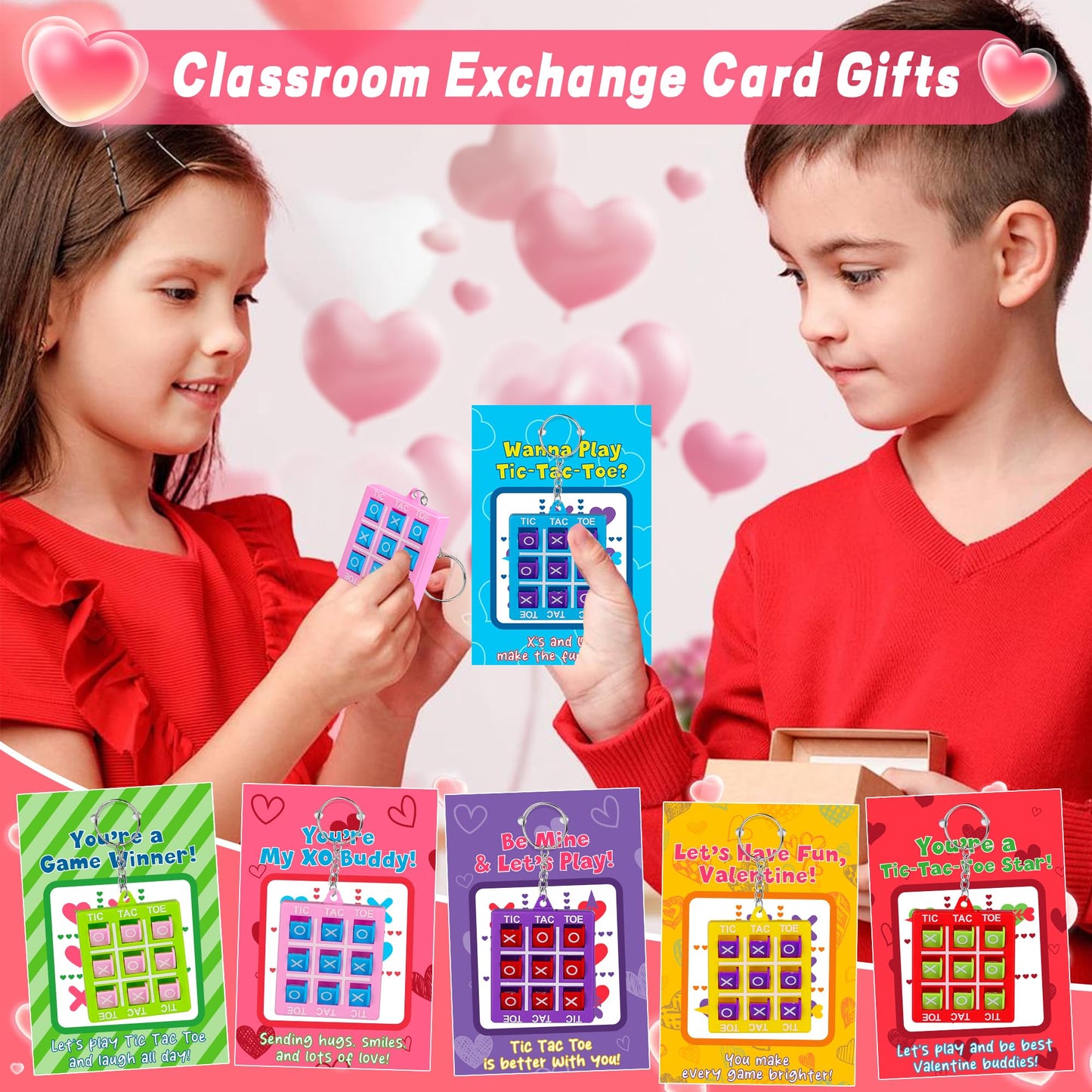 24 Pack Valentines Day Gifts for Kids – Tic Tac Toe Keychains & Cards | Huyamap