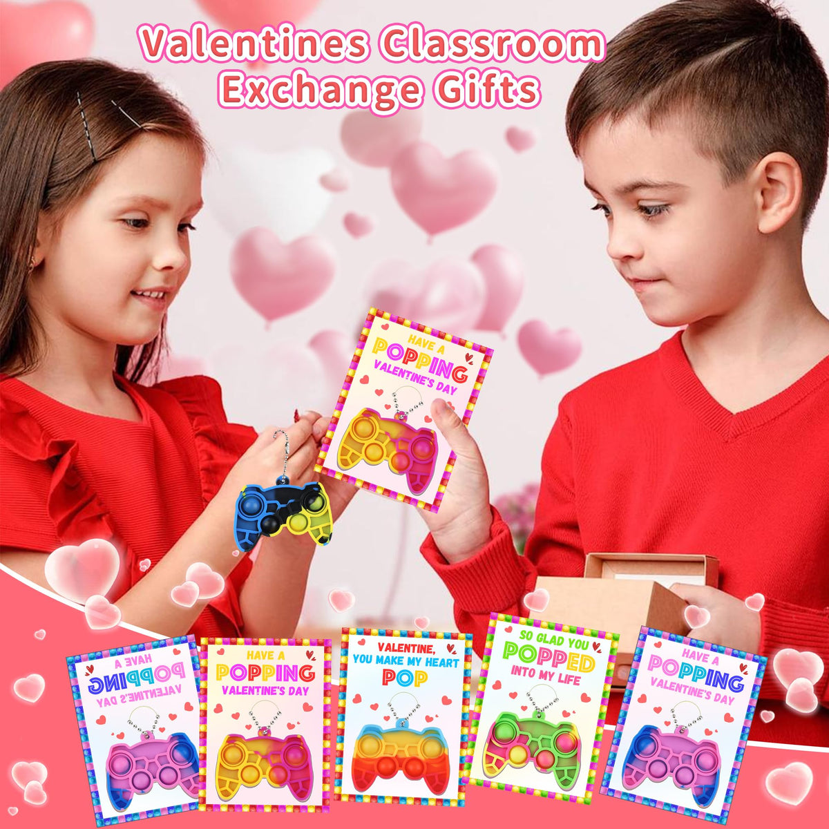 Huyamap 24-Pack Kids Valentines Day Cards with Mini Pop Fidget Keychains – Classroom Gifts