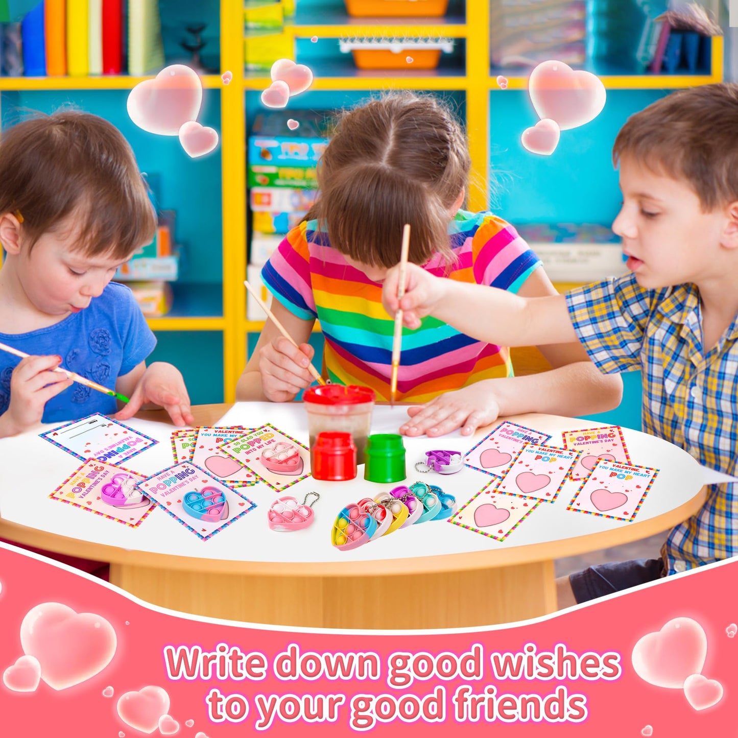Huyamap 24-Pack Kids Valentines Day Cards with Mini Pop Fidget Keychains
