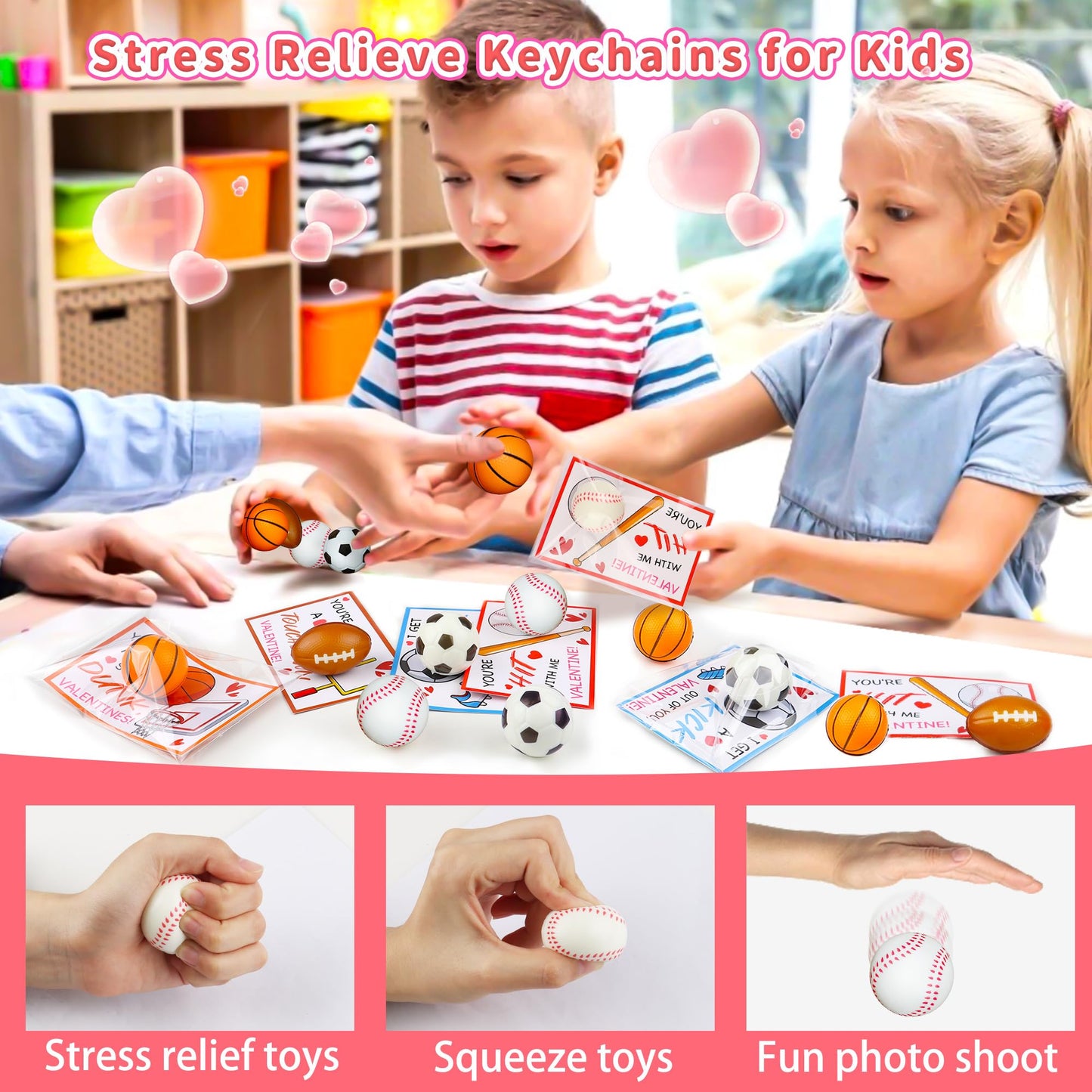 Huyamap 28-Pack Kids Valentine Cards & Sports Ball Stress Relief Toys | Classroom Gifts