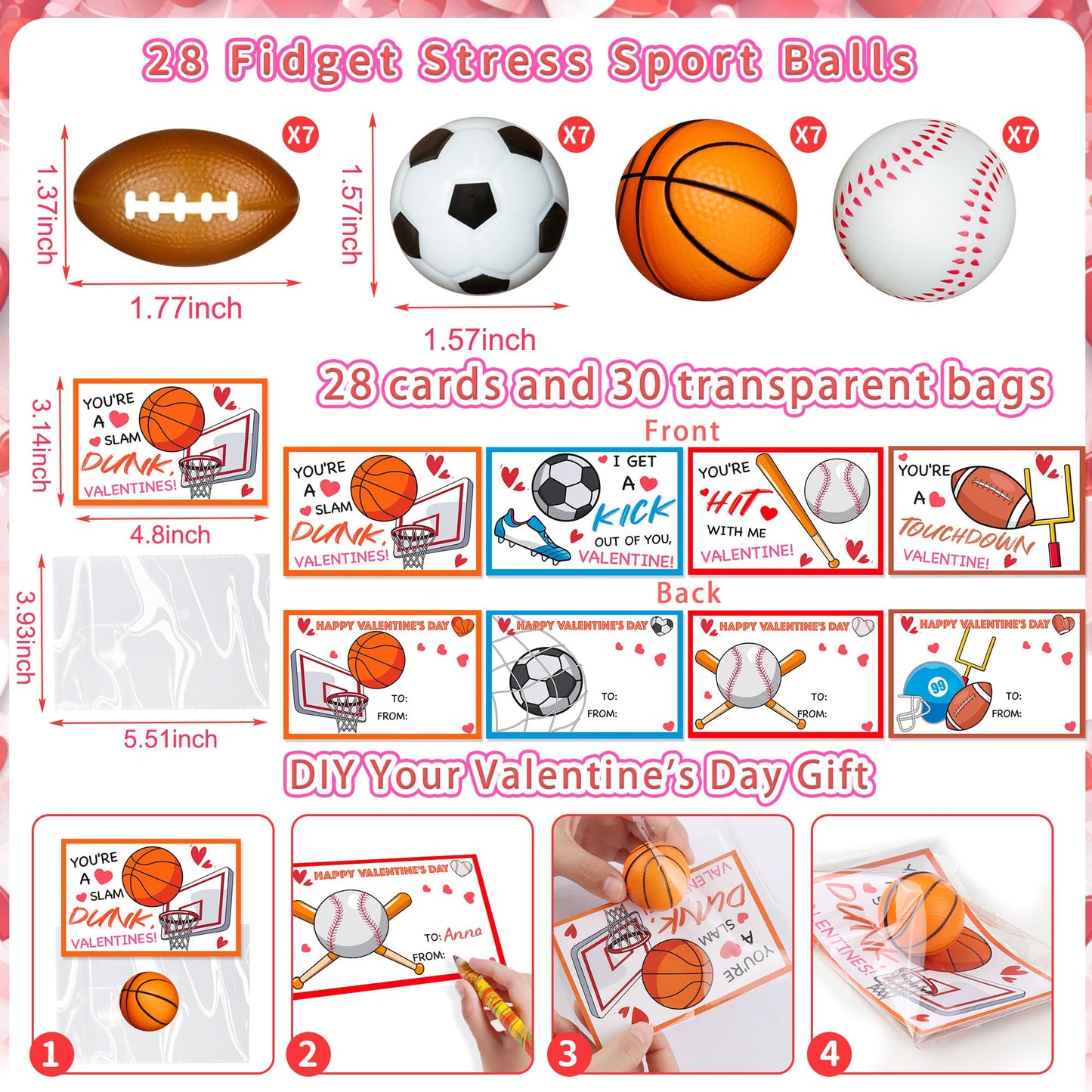 Huyamap 28-Pack Kids Valentine Cards & Sports Ball Stress Relief Toys | Classroom Gifts