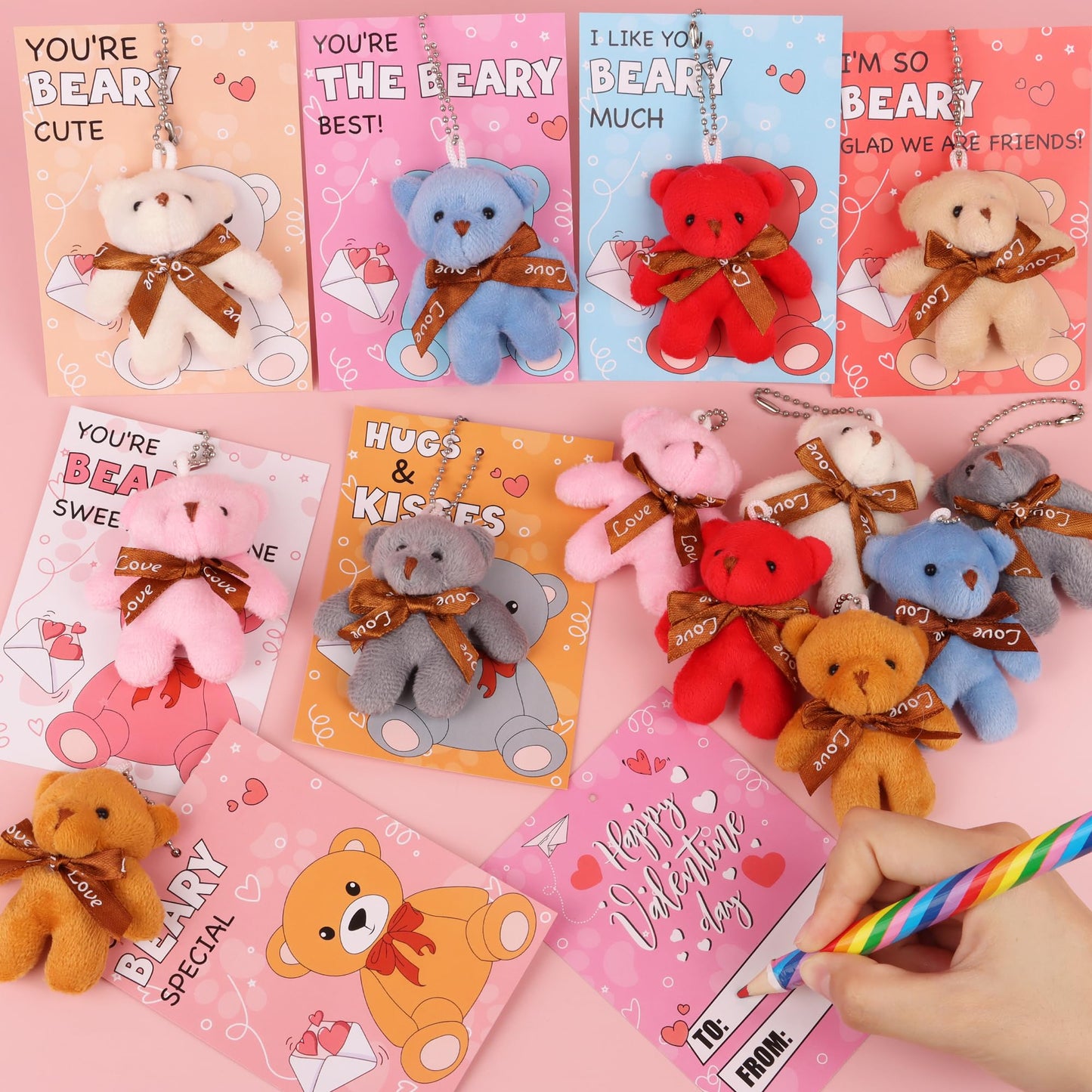 Huyamap 28-Pack Valentine Gifts for Kids | Plush Bear Keychains & Classroom Cards