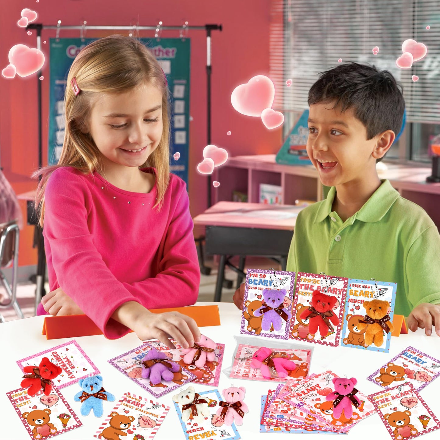Huyamap 28-Pack Valentines Day Classroom Gifts – Bear Card & Plush Keychain Set