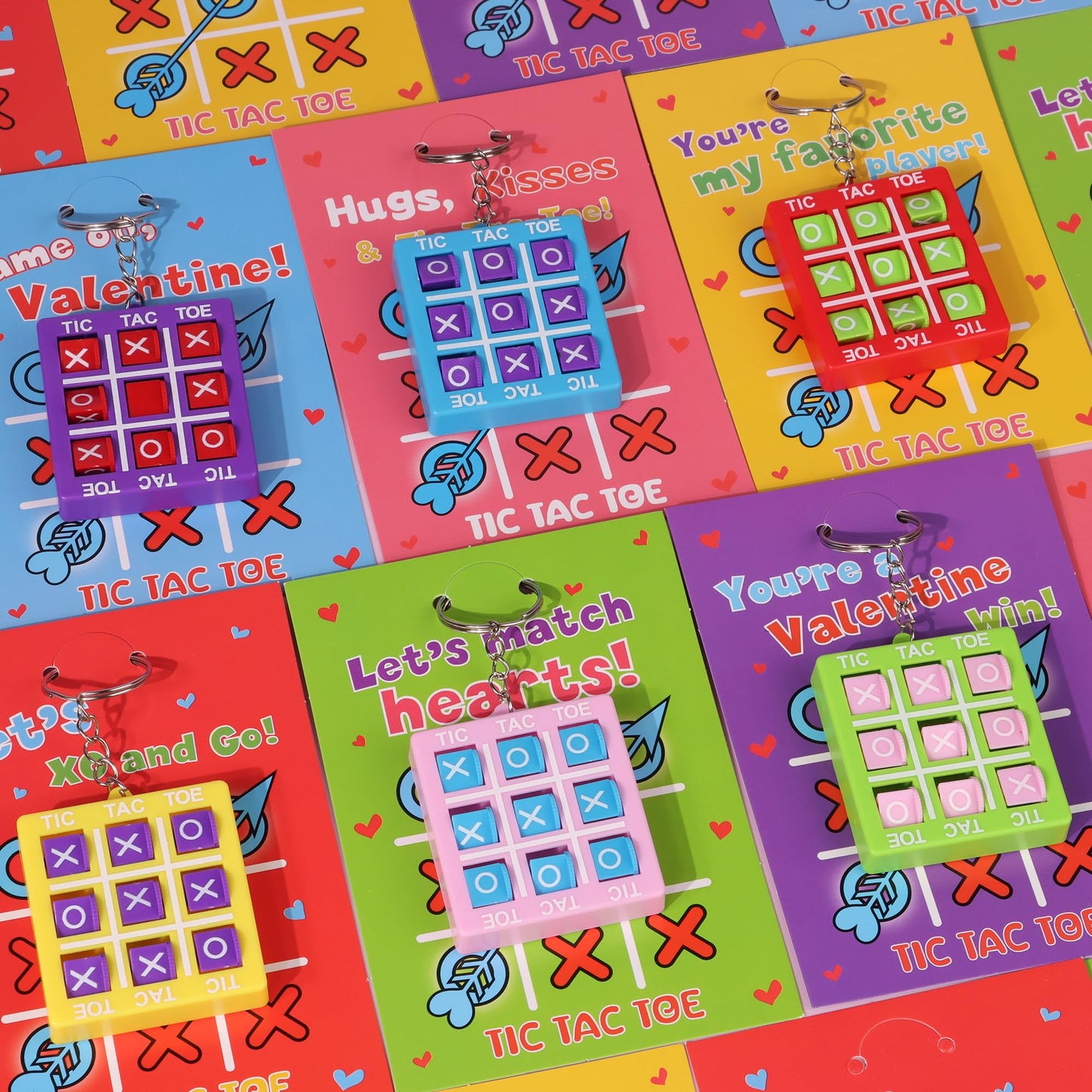 Huyamap 24-Pack Valentines Day Tic Tac Toe Keychains & Cards for Kids