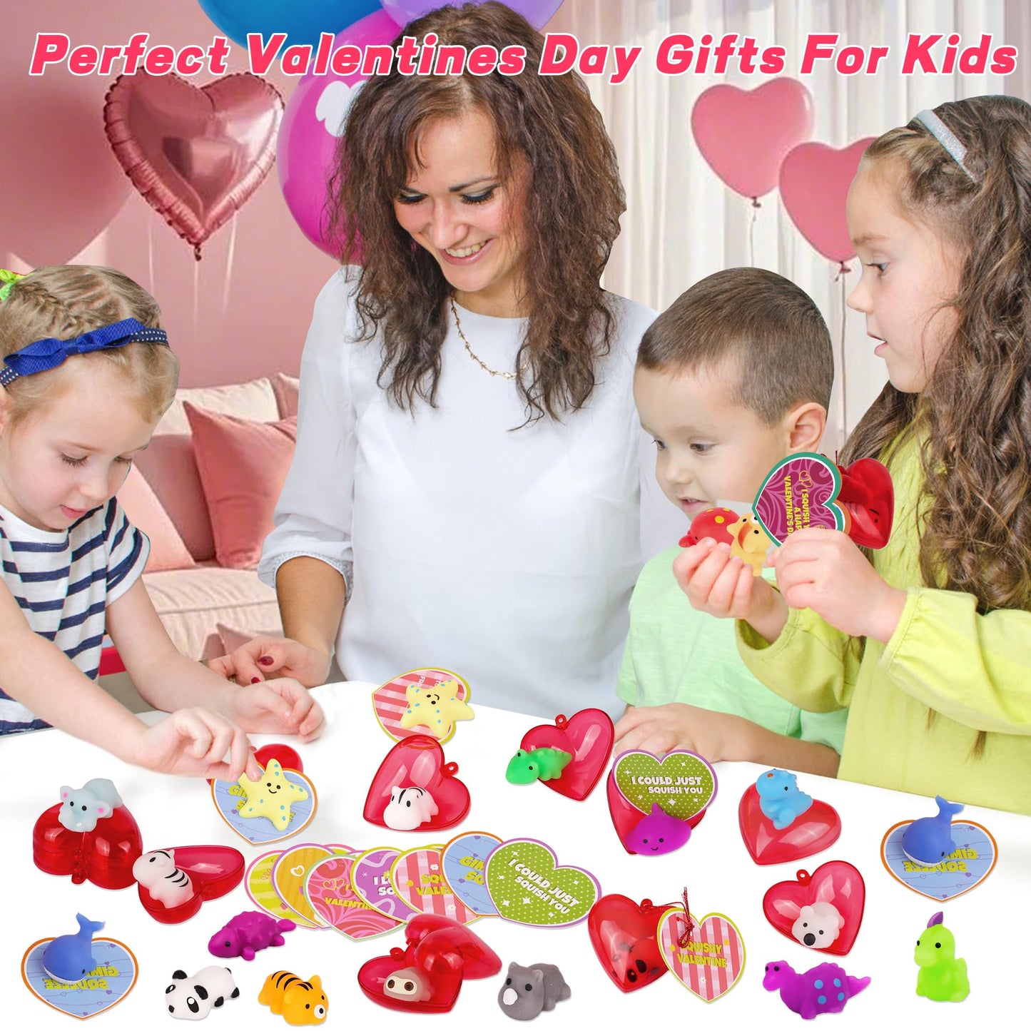 Huyamap 28-Pack Valentines Gifts for Kids – Mochi Squishies, Heart Cards & Classroom Favors