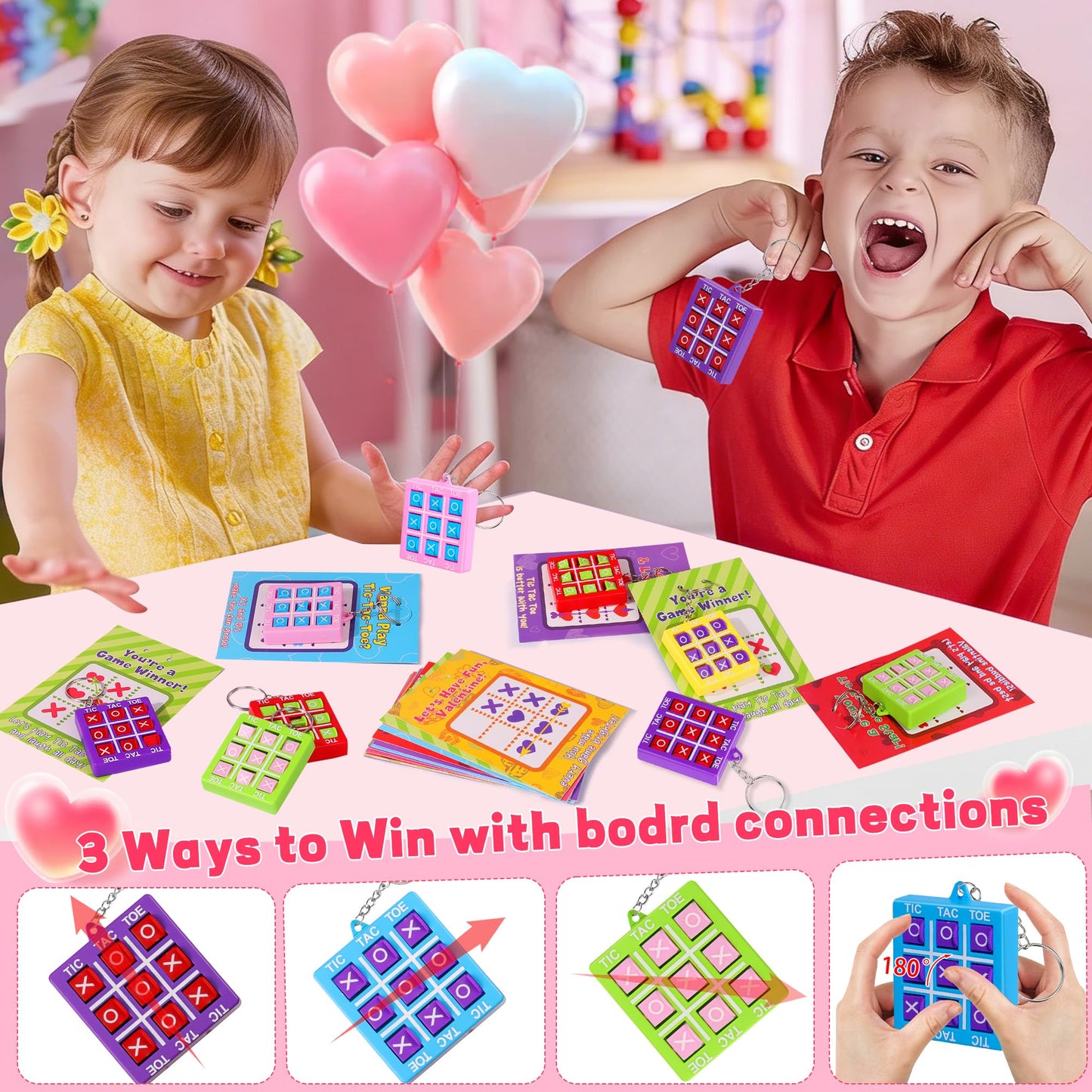 24 Pack Valentines Day Gifts for Kids – Tic Tac Toe Keychains & Cards | Huyamap