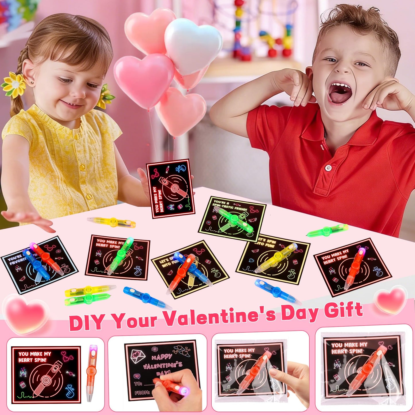 Huyamap 24-Pack Valentines Fidget Pens with Cards for Kids Class Gifts