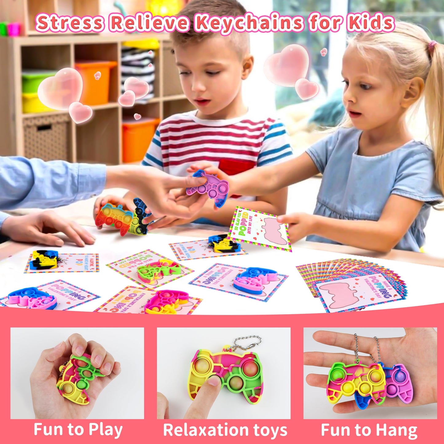 Huyamap 24-Pack Kids Valentines Day Cards with Mini Pop Fidget Keychains – Classroom Gifts
