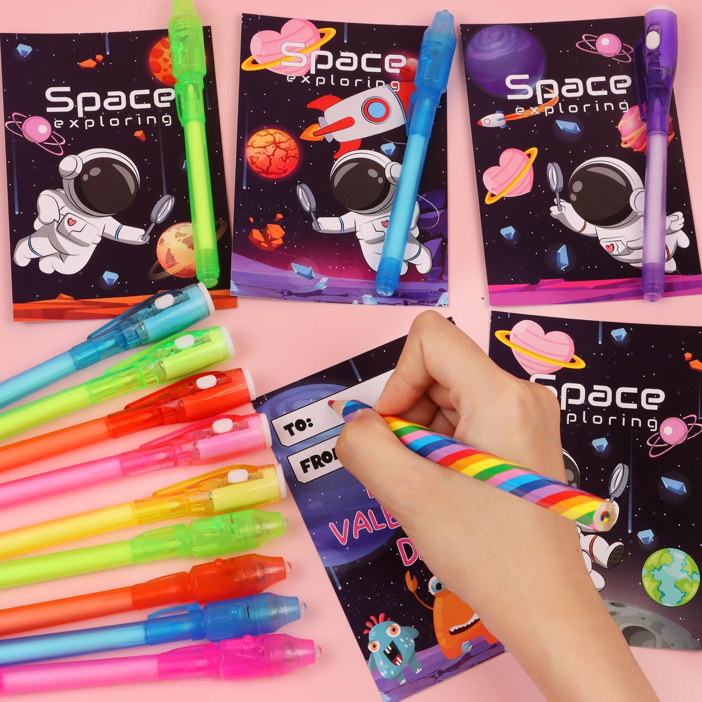 Huyamap 24 Pack Valentines Day Gifts for Kids – LED Invisible Ink Pens & Galaxy Cards