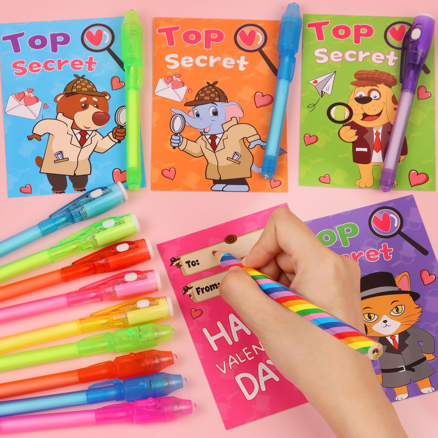Huyamap 24-Pack Valentines Day Kids Classroom Gift Set | LED Invisible Ink Pens, Animal Detective Cards & Gift Bags