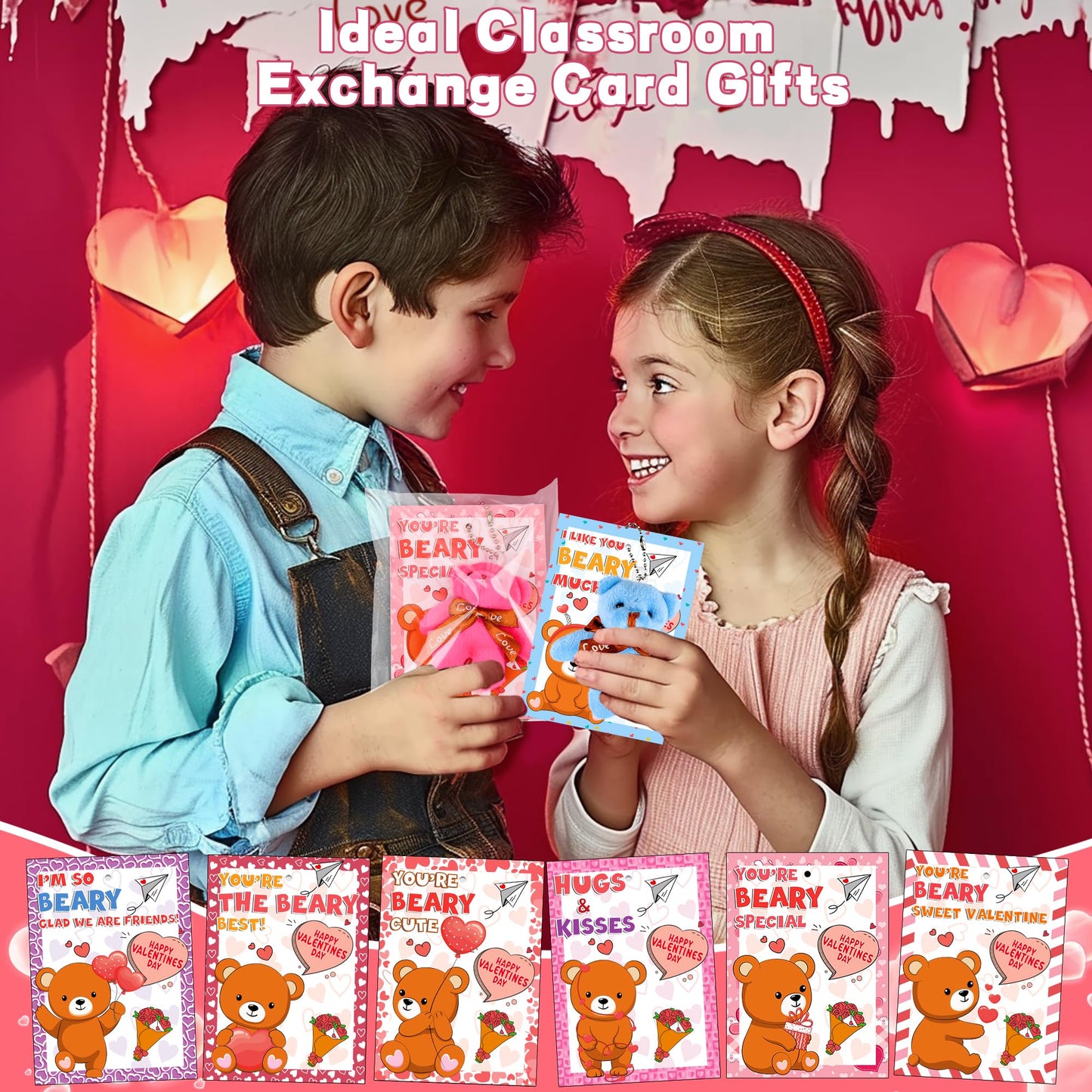 Huyamap 28-Pack Valentines Day Classroom Gifts – Bear Card & Plush Keychain Set