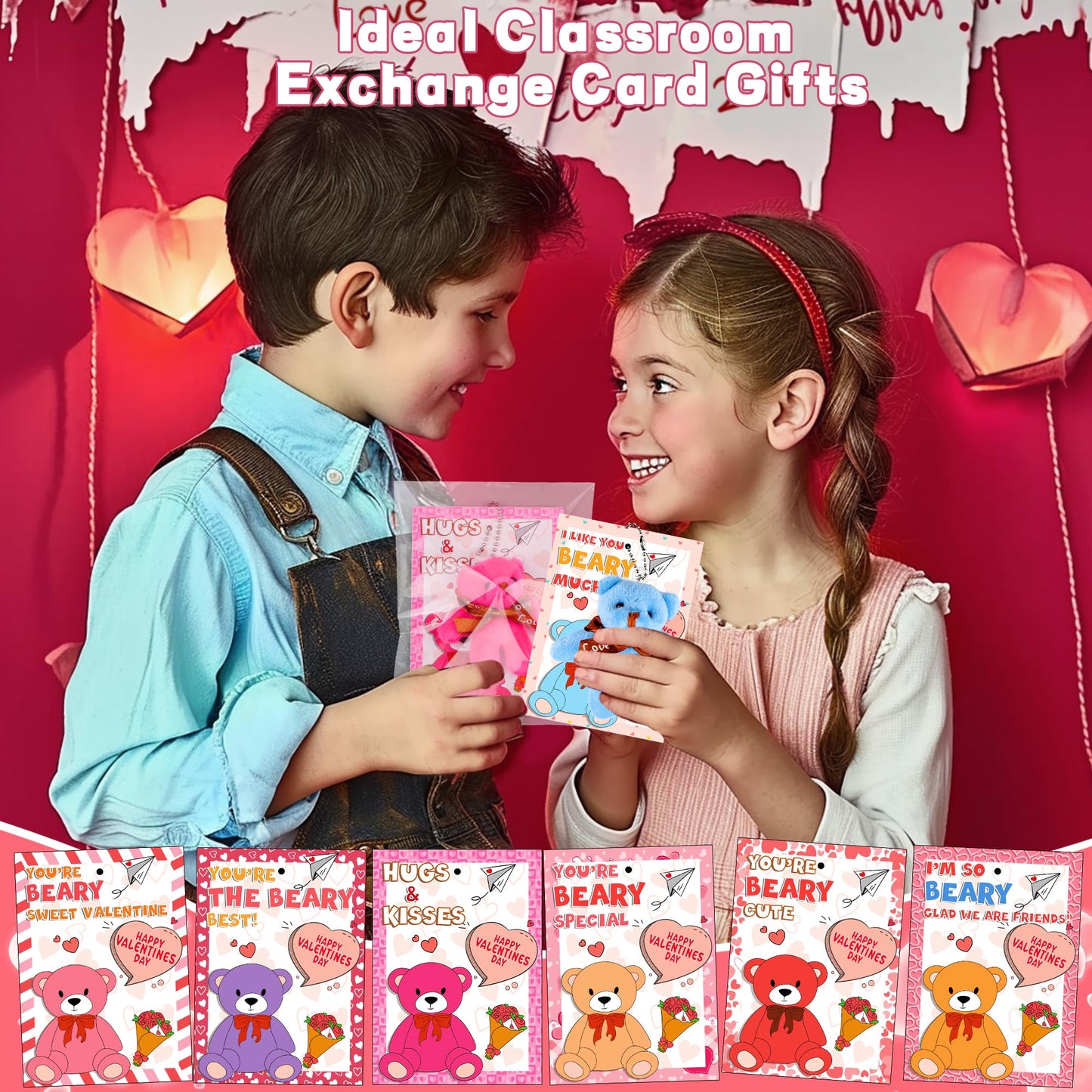 Huyamap 28-Pack Valentine’s Day Gifts for Kids - Plush Bear Keychains & Cards for Classroom Exchanges