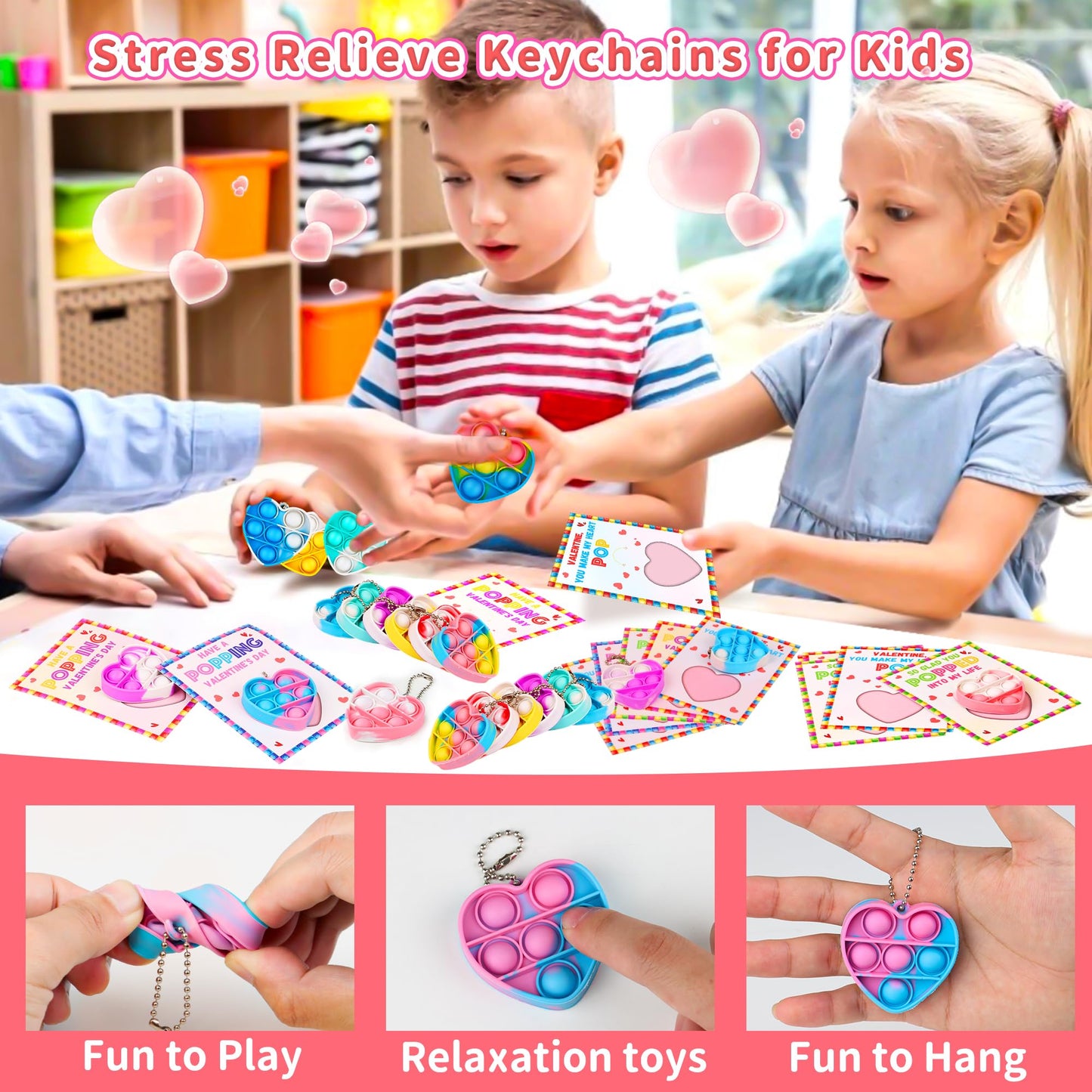 Huyamap 24-Pack Kids Valentines Day Cards with Mini Pop Fidget Keychains
