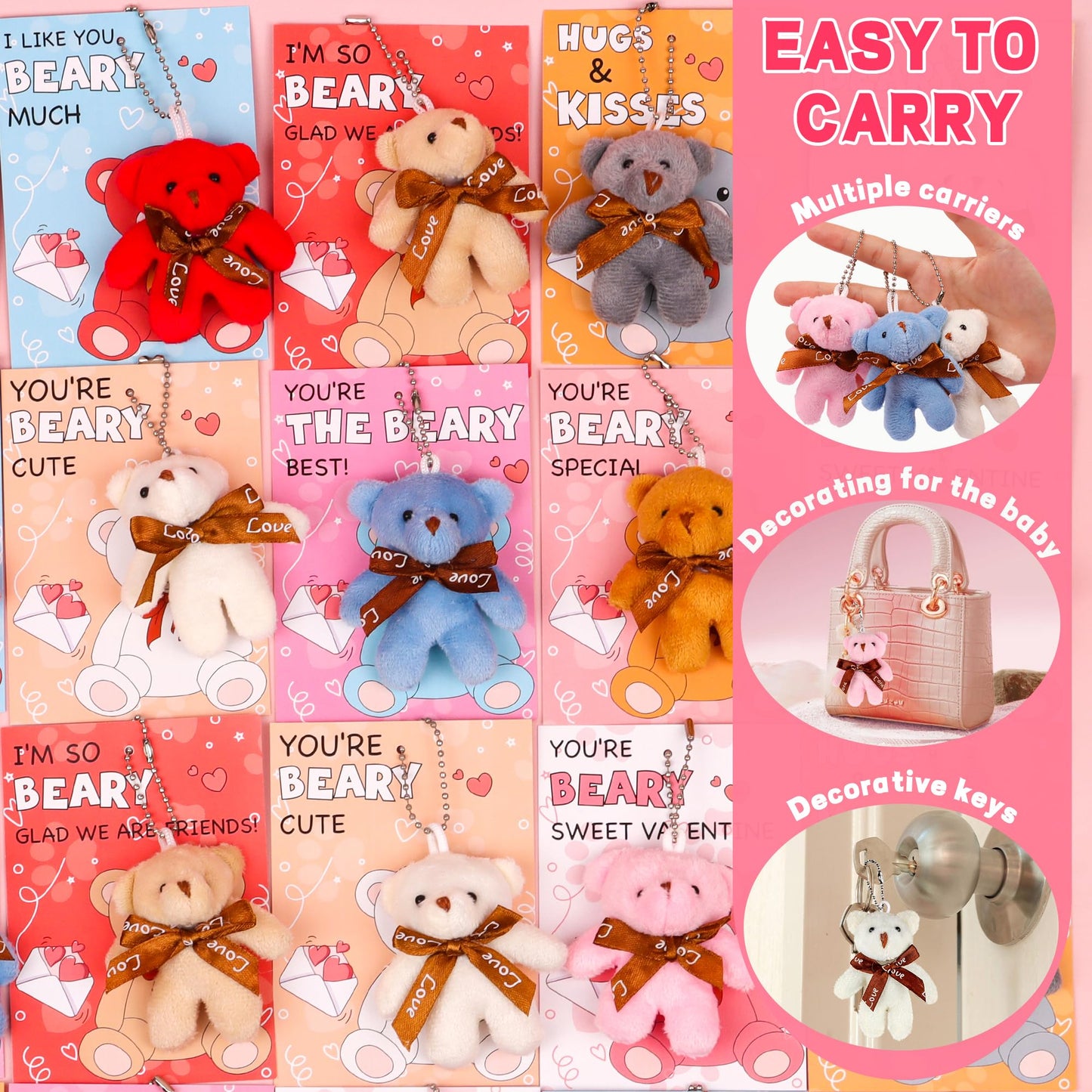 Huyamap 28-Pack Valentine Gifts for Kids | Plush Bear Keychains & Classroom Cards