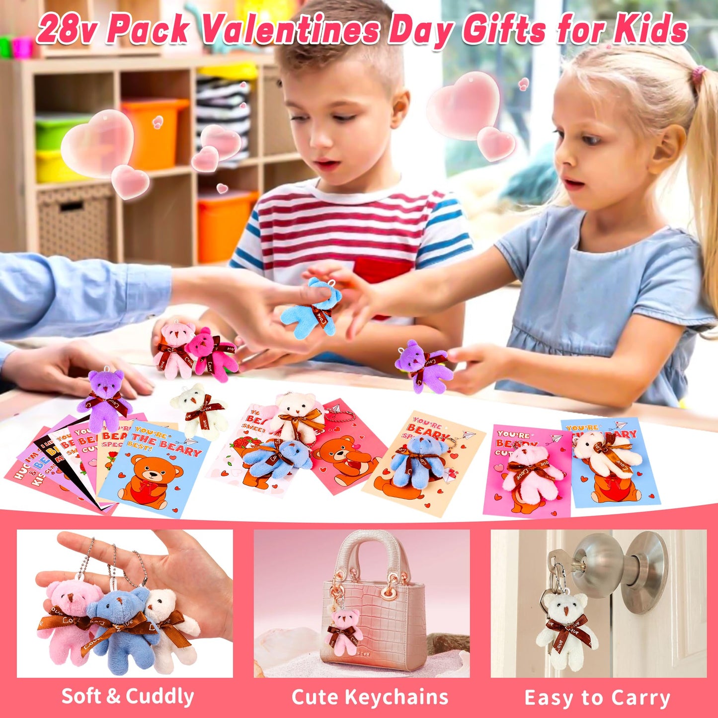 28-Pack Valentines Day Cards with Plush Bear Keychains | Huyamap Classroom Gift Set