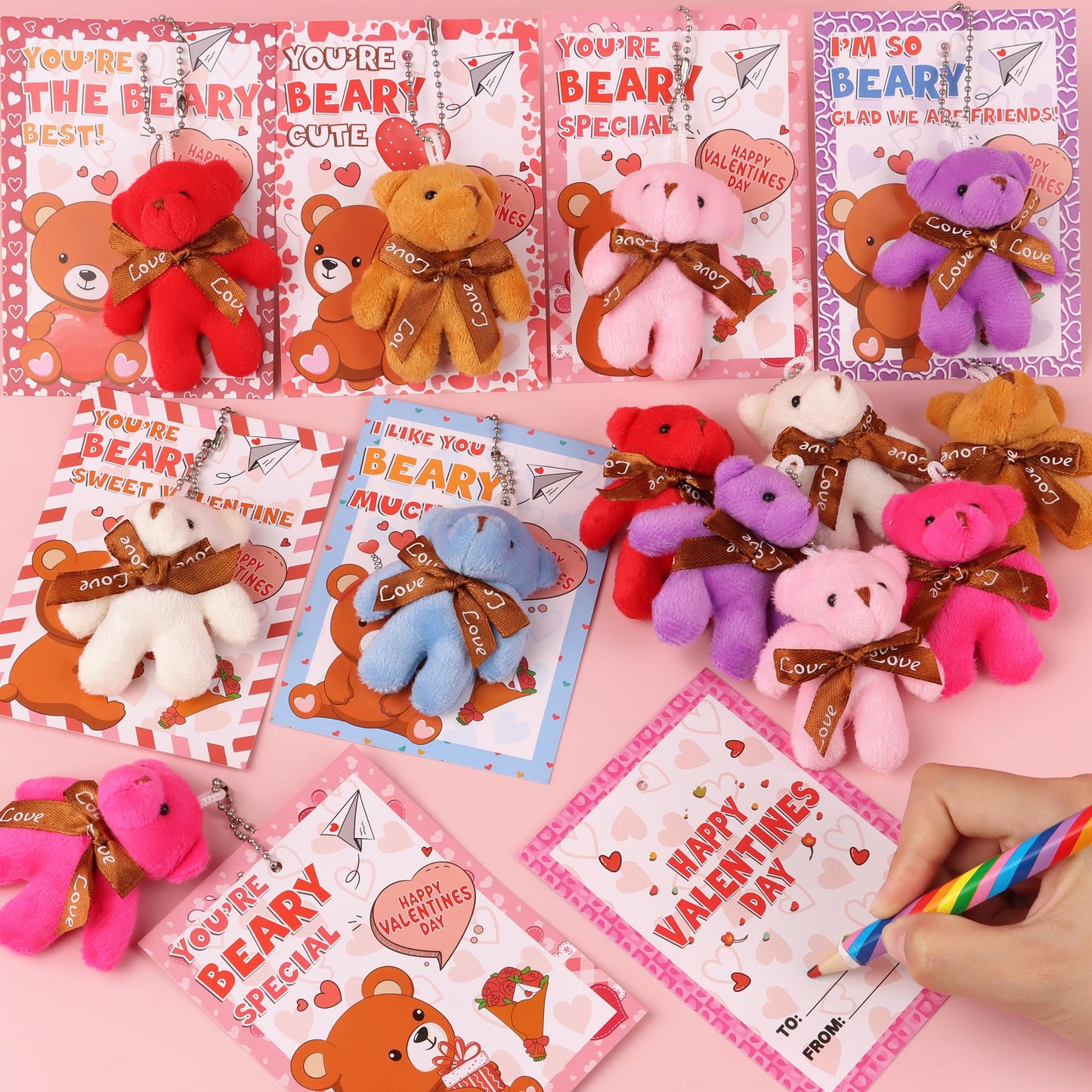 Huyamap 28-Pack Valentines Day Classroom Gifts – Bear Card & Plush Keychain Set