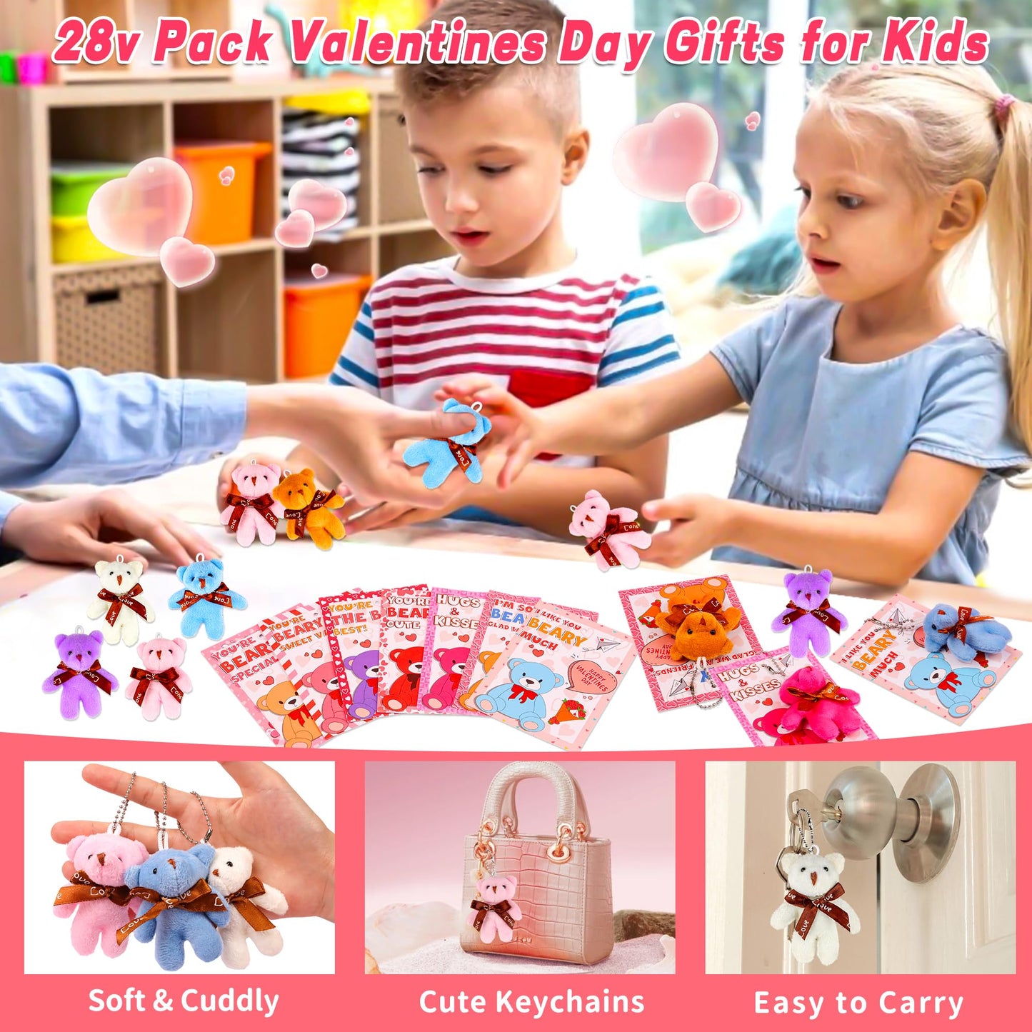 Huyamap 28-Pack Valentine’s Day Gifts for Kids - Plush Bear Keychains & Cards for Classroom Exchanges