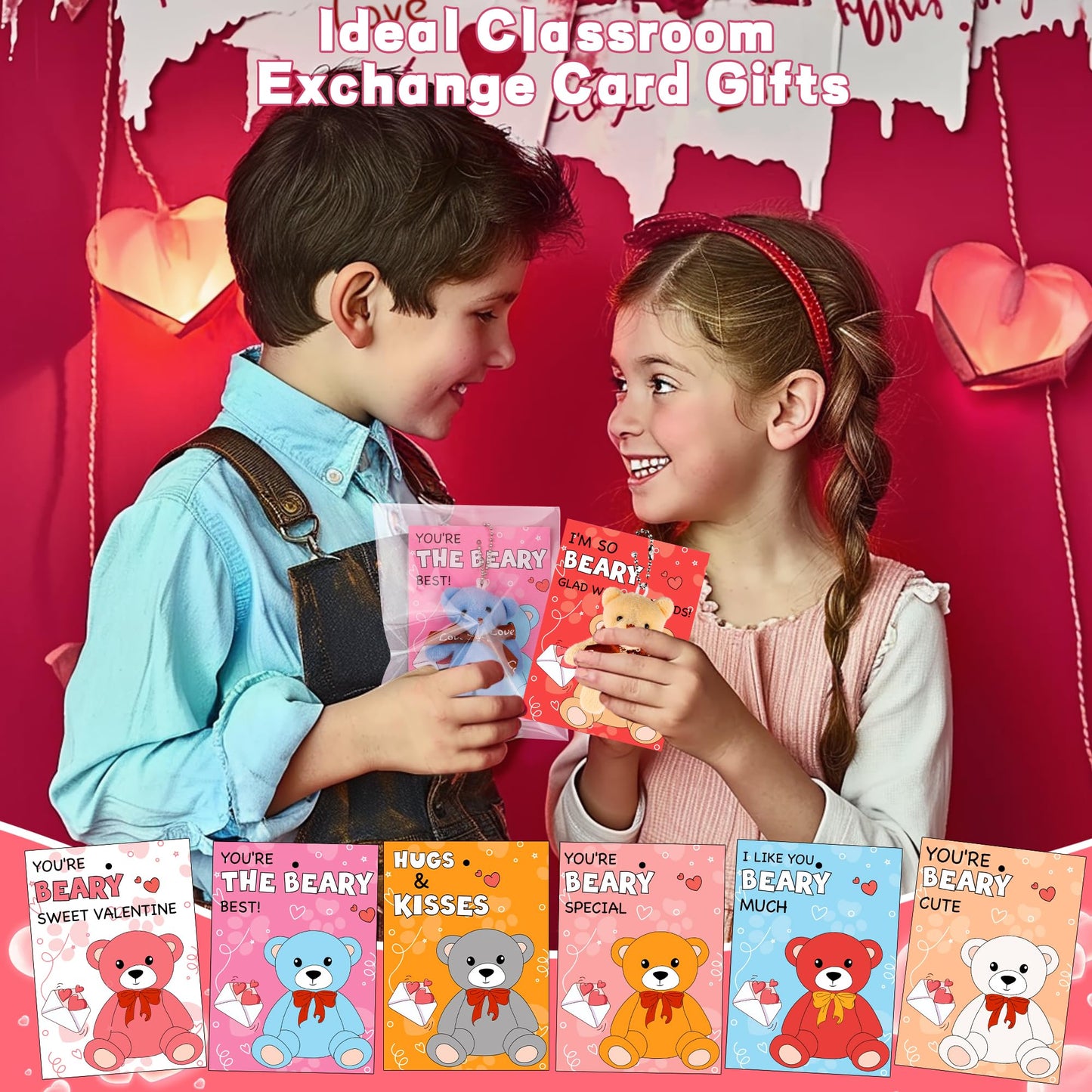 Huyamap 28-Pack Valentine Gifts for Kids | Plush Bear Keychains & Classroom Cards