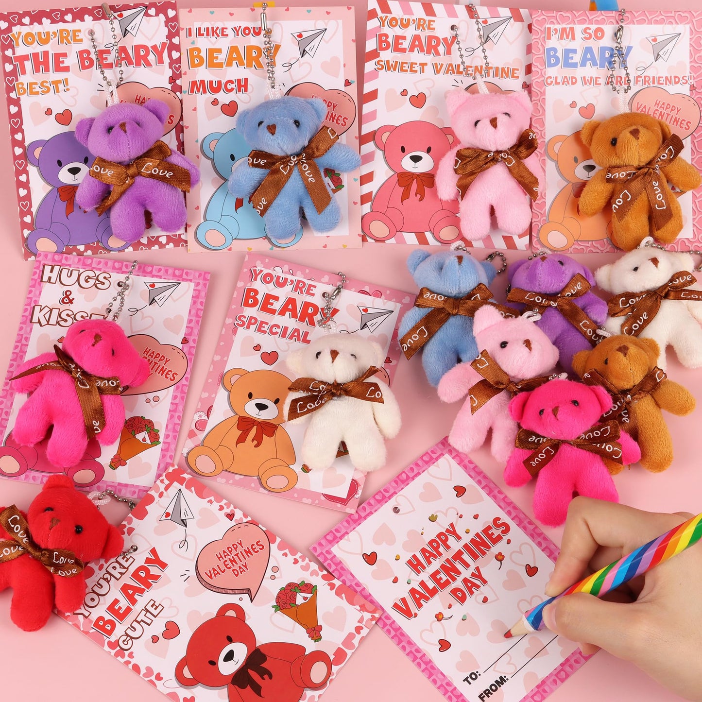 Huyamap 28-Pack Valentine’s Day Gifts for Kids - Plush Bear Keychains & Cards for Classroom Exchanges