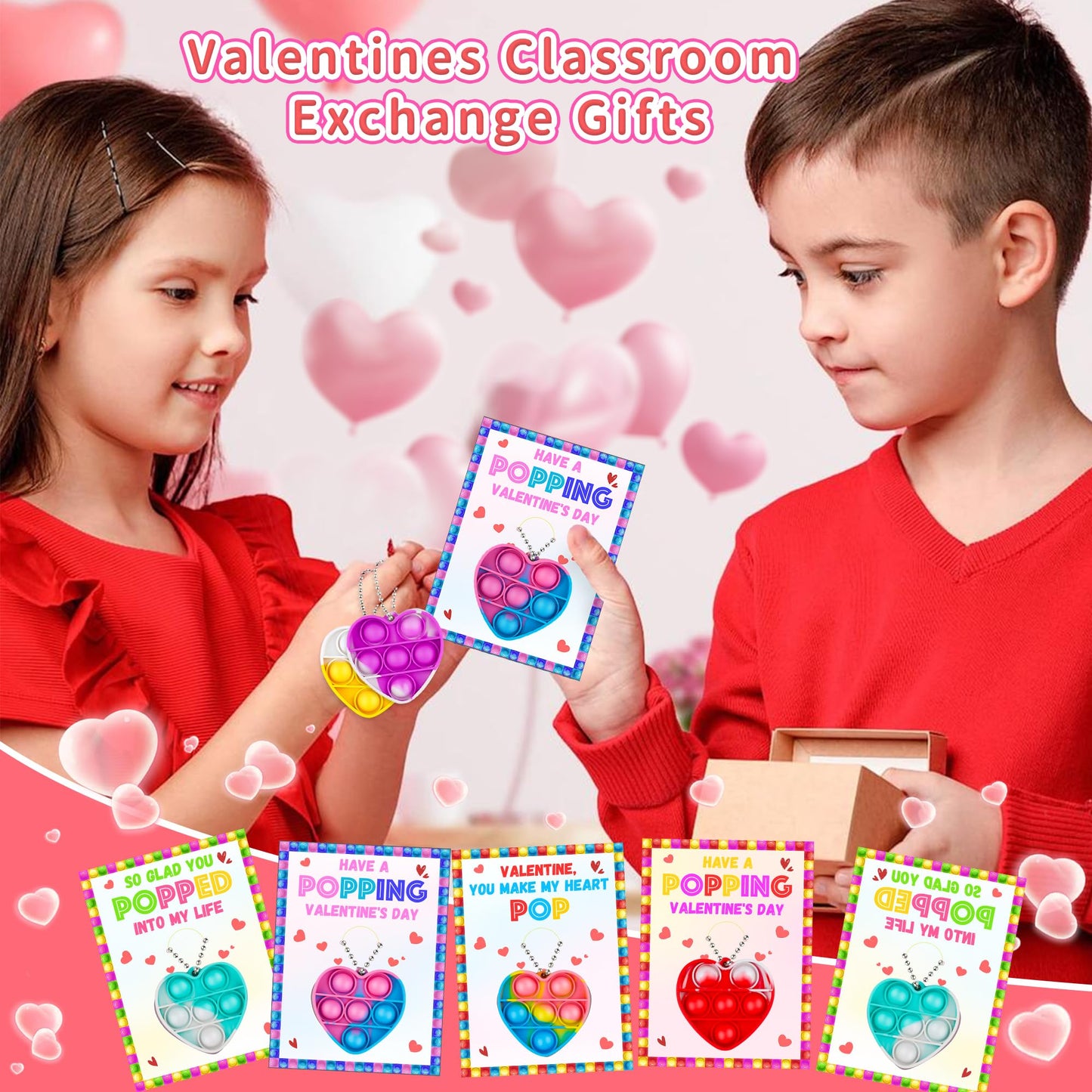 Huyamap 24-Pack Kids Valentines Day Cards with Mini Pop Fidget Keychains