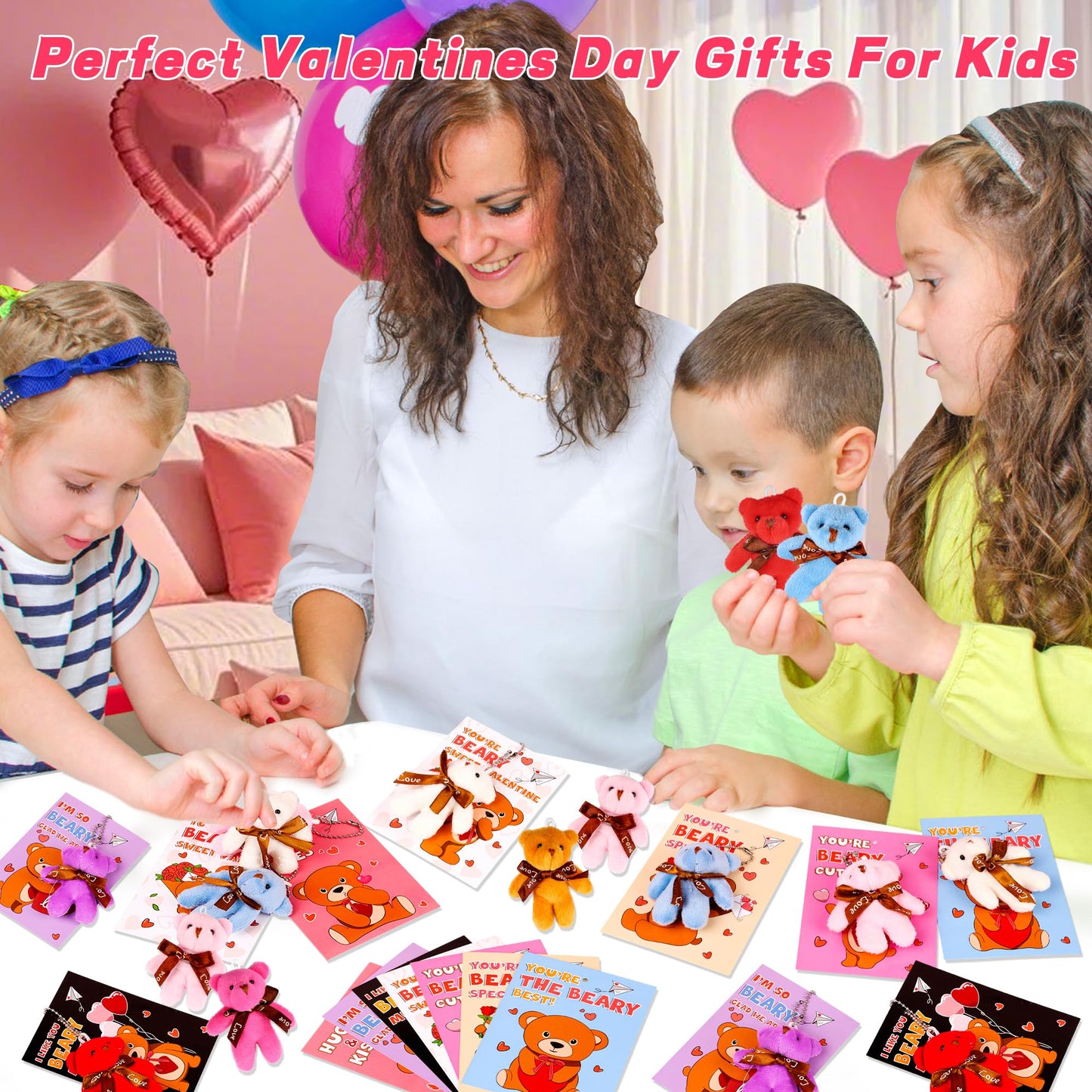 28-Pack Valentines Day Cards with Plush Bear Keychains | Huyamap Classroom Gift Set